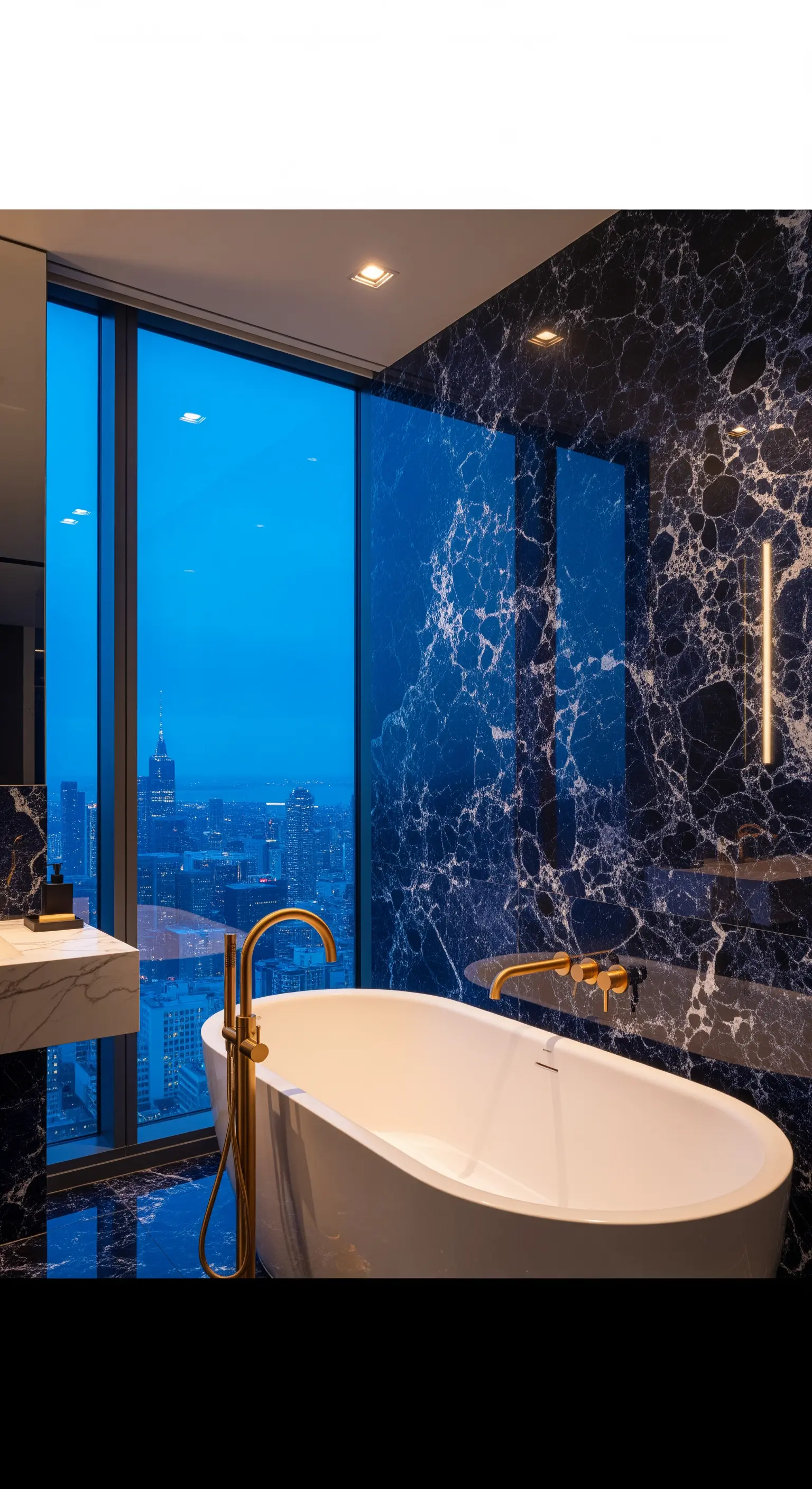 Bagno di lusso con pareti in marmo nero e vista notturna sulla città da una grande finestra.