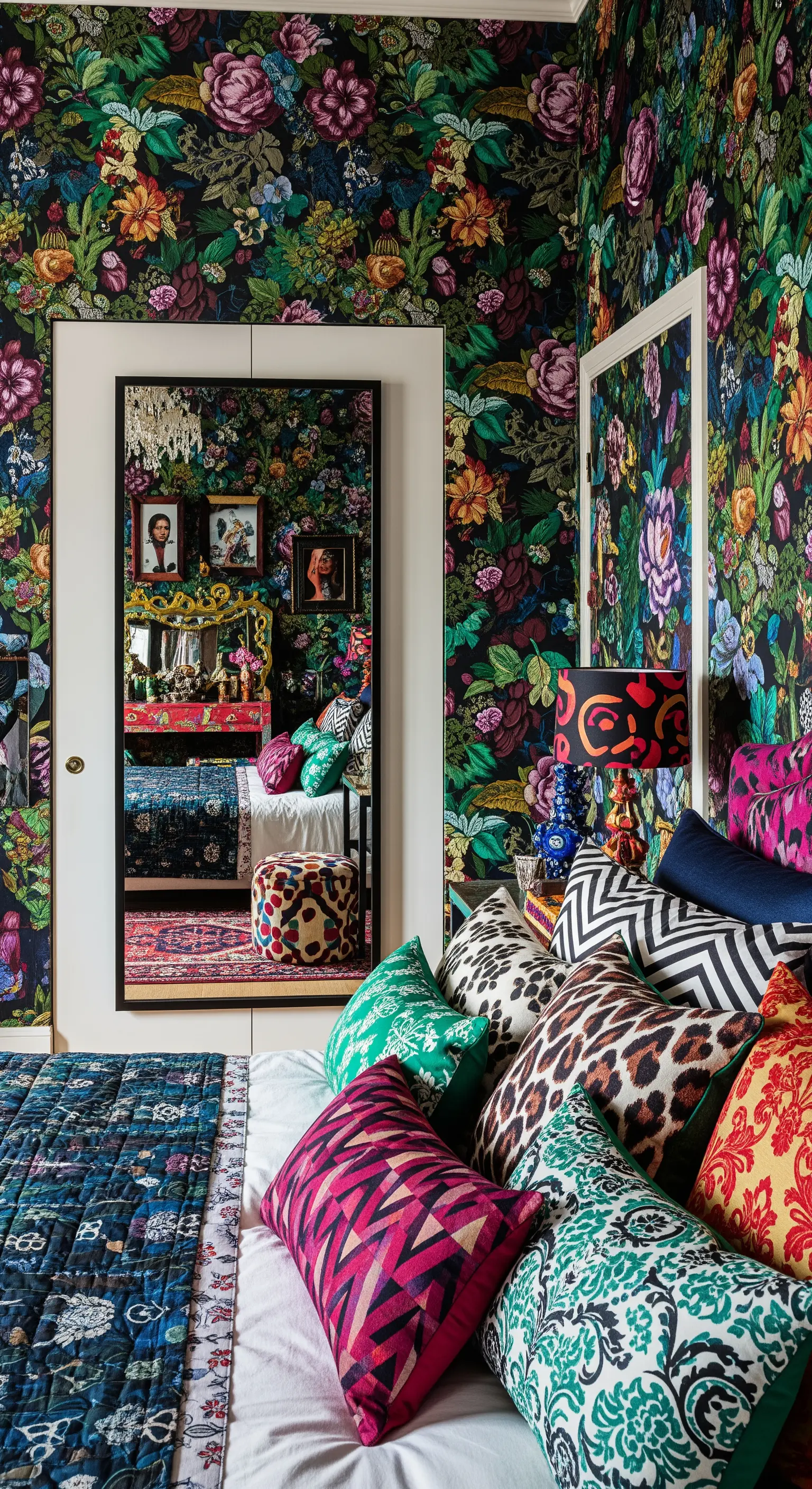 Specchio a figura intera in una camera da letto massimalista con carta da parati floreale colorata.