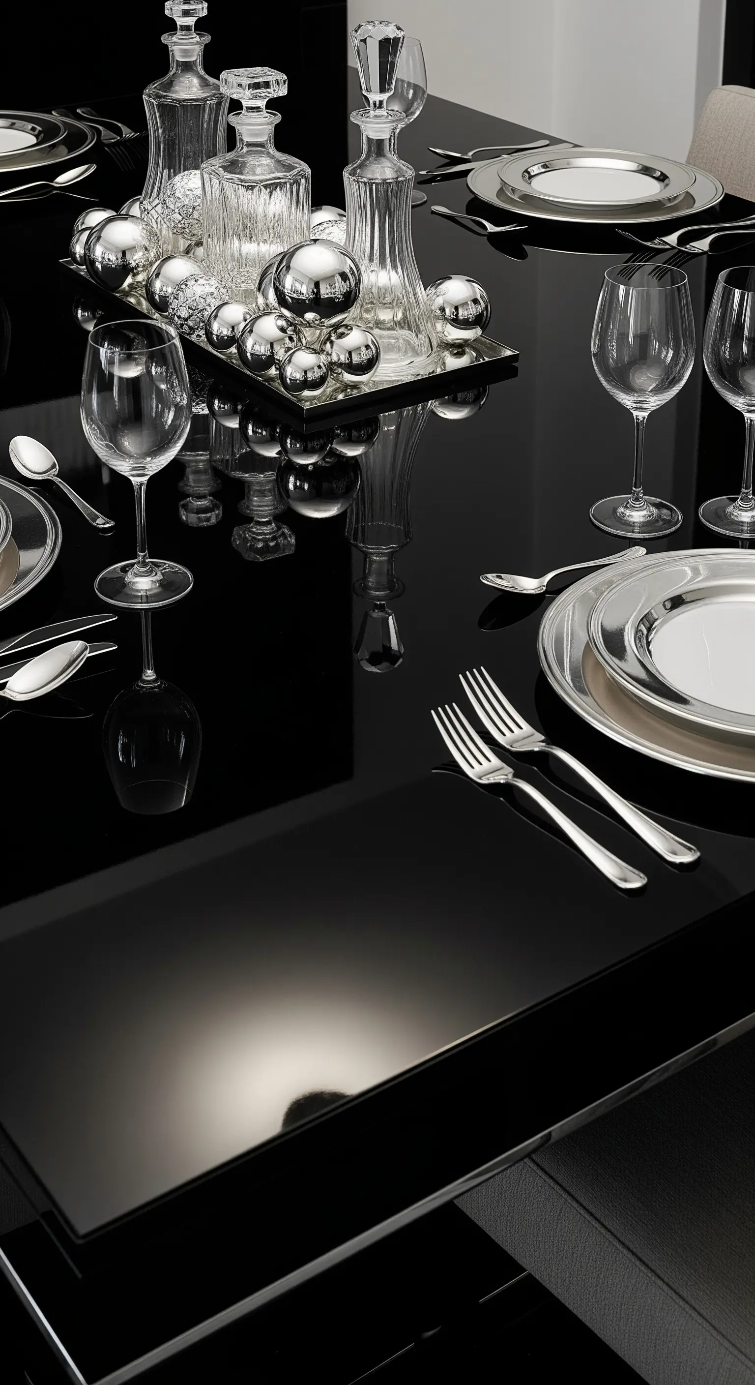 Tavolo laccato nero con riflessi, decorato con sfere argentate e cristalleria.