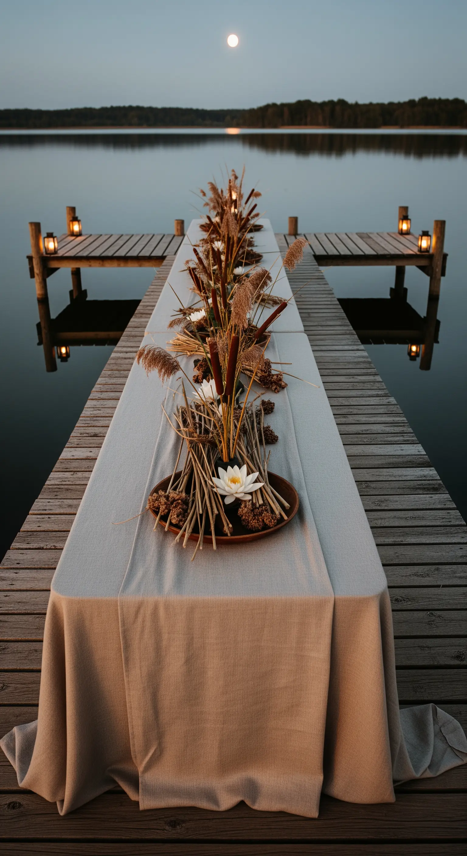 Tavolo su un molo al tramonto con centrotavola di canne e ninfee.