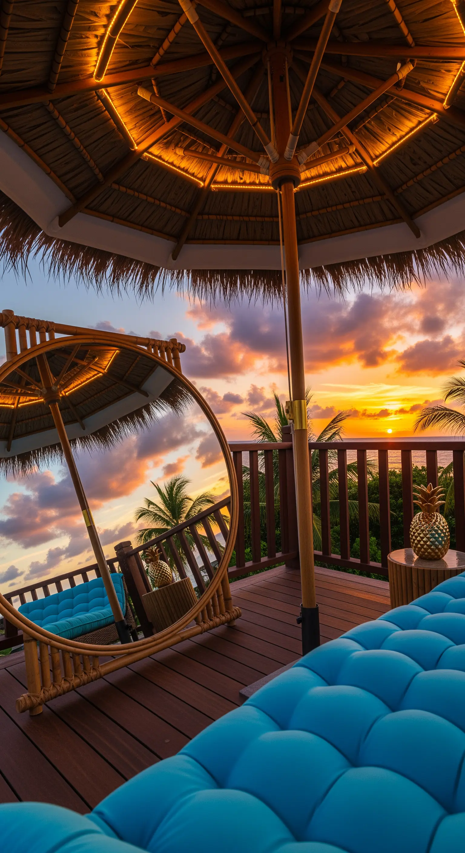 Balcone tropicale con specchio in bambù che riflette il tramonto e ombrellone con luci integrate.