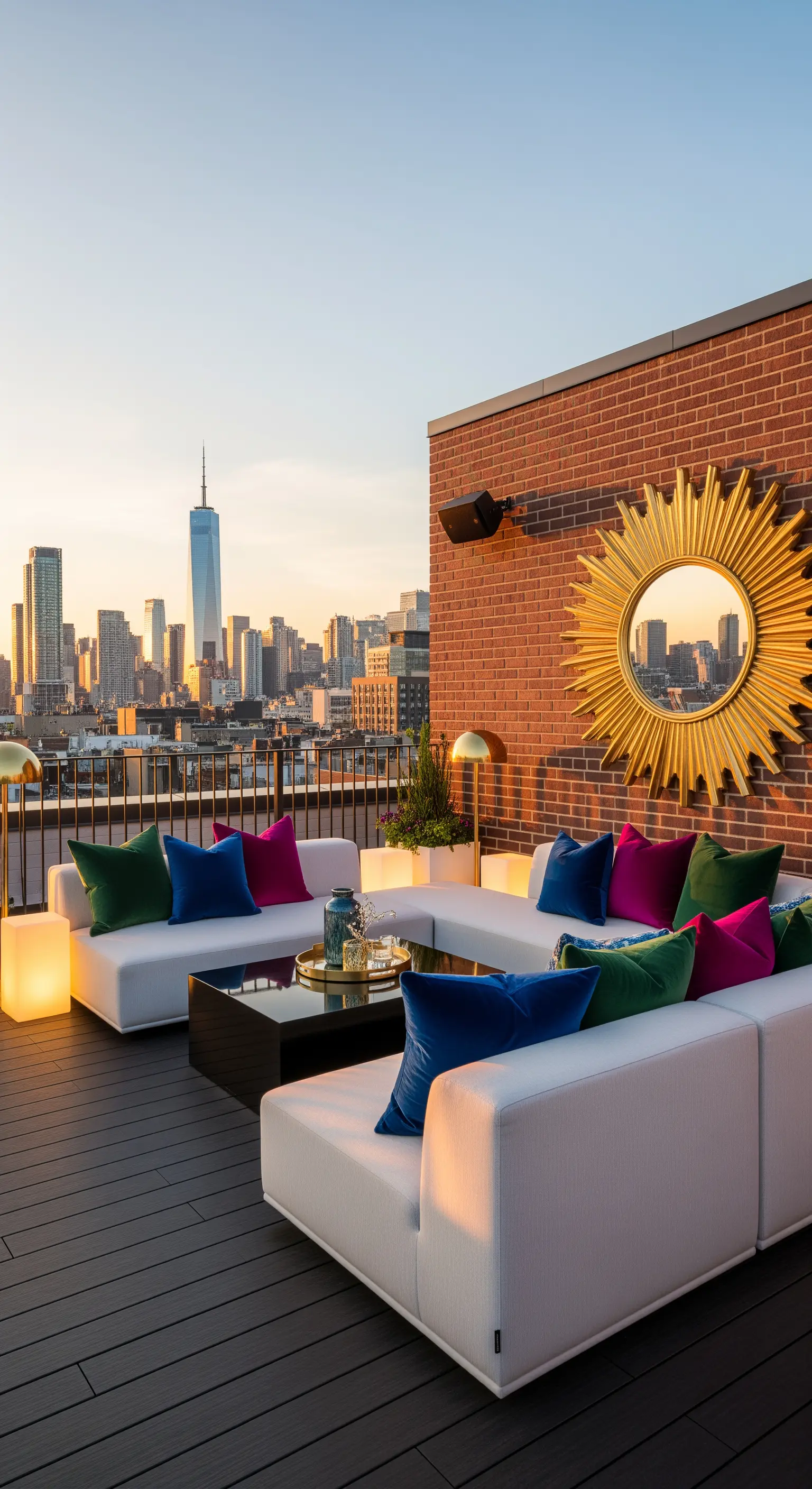 Terrazza con skyline, divano bianco, specchio dorato a forma di sole e cuscini colorati.