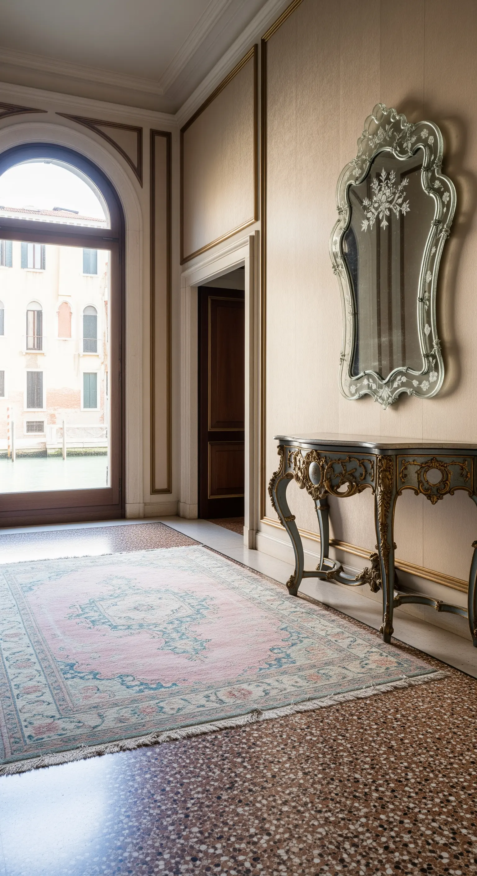 Ingresso con pavimento in terrazzo, specchio veneziano inciso e tappeto rosa.