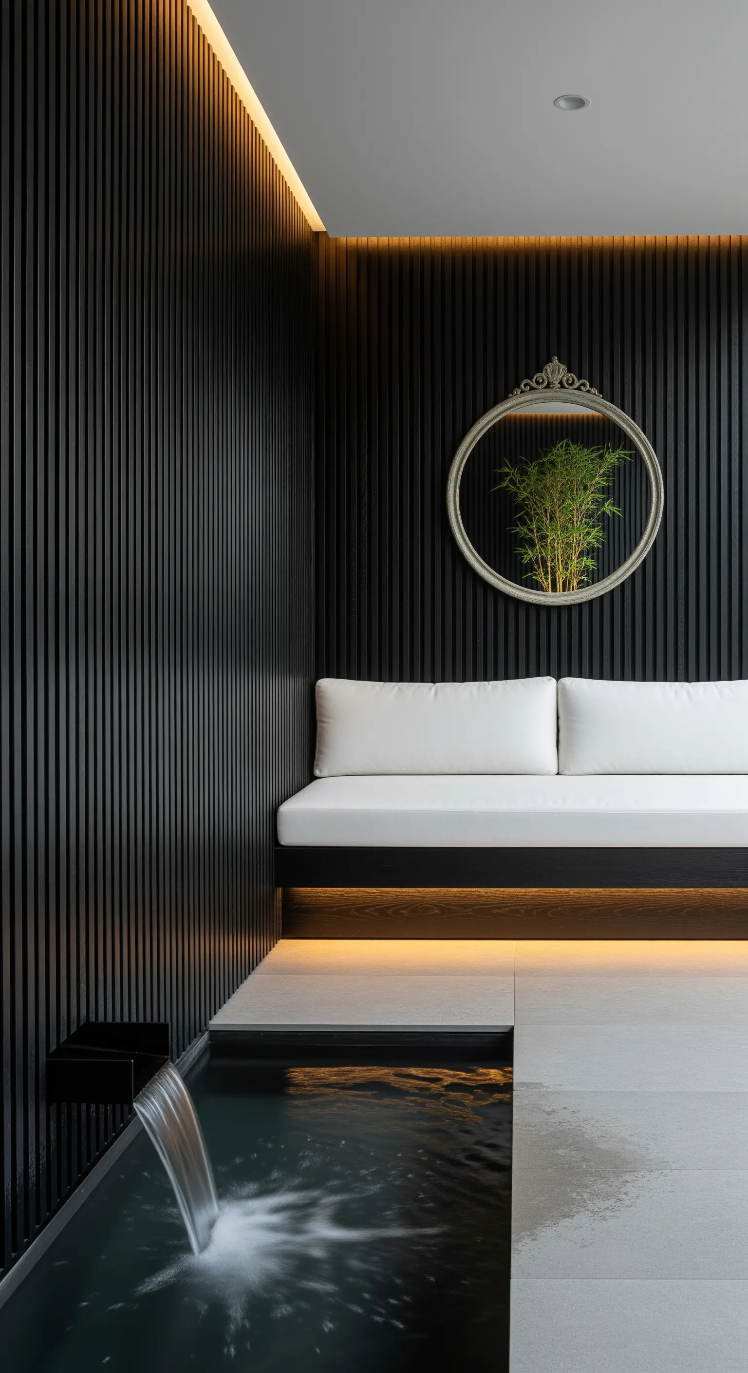 Angolo relax con pareti nere a listelli, panca bianca e specchio ovale che riflette una pianta