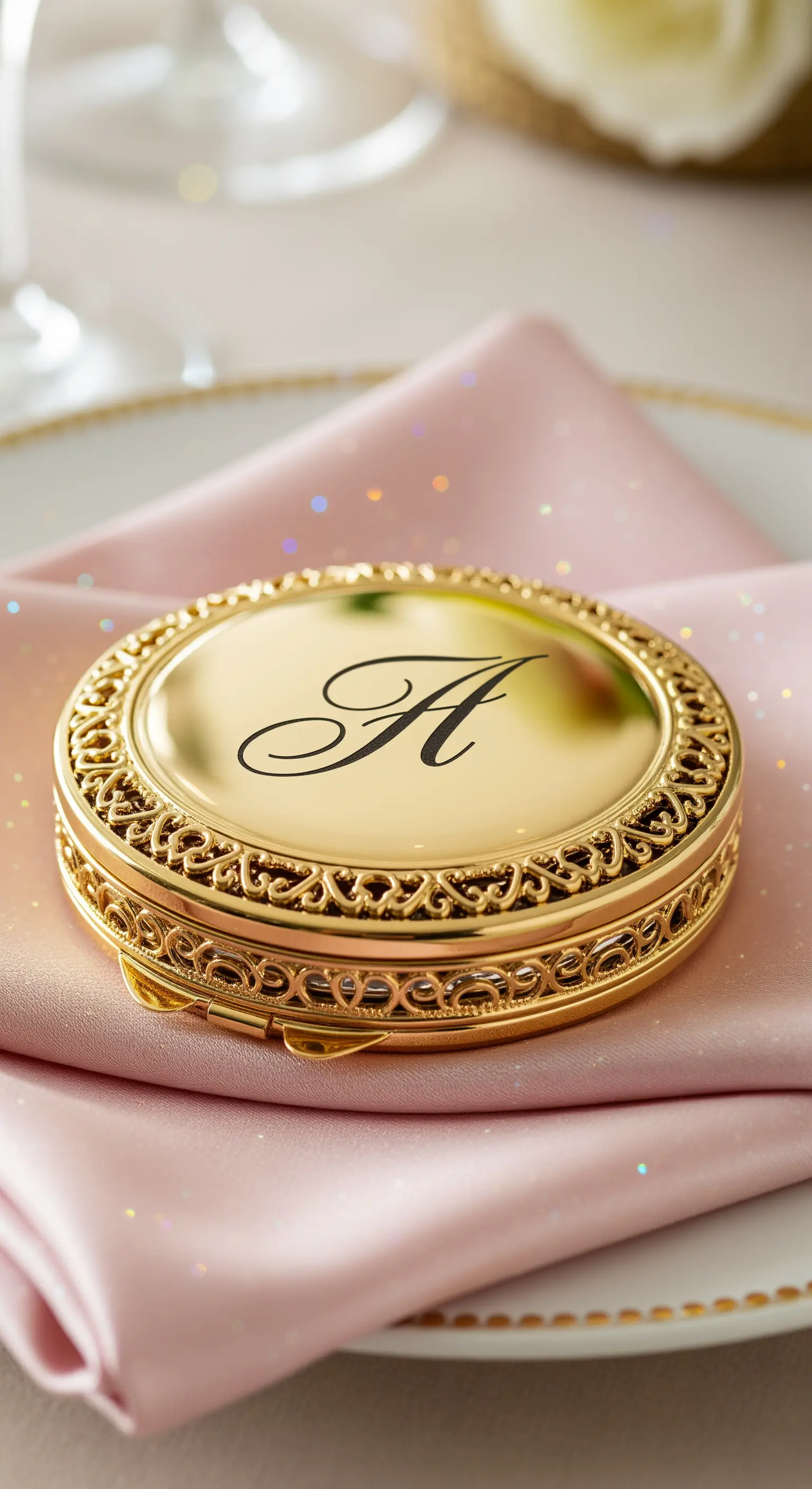 Specchietto da borsetta tondo e dorato con un'iniziale incisa, appoggiato su un tovagliolo di raso rosa.