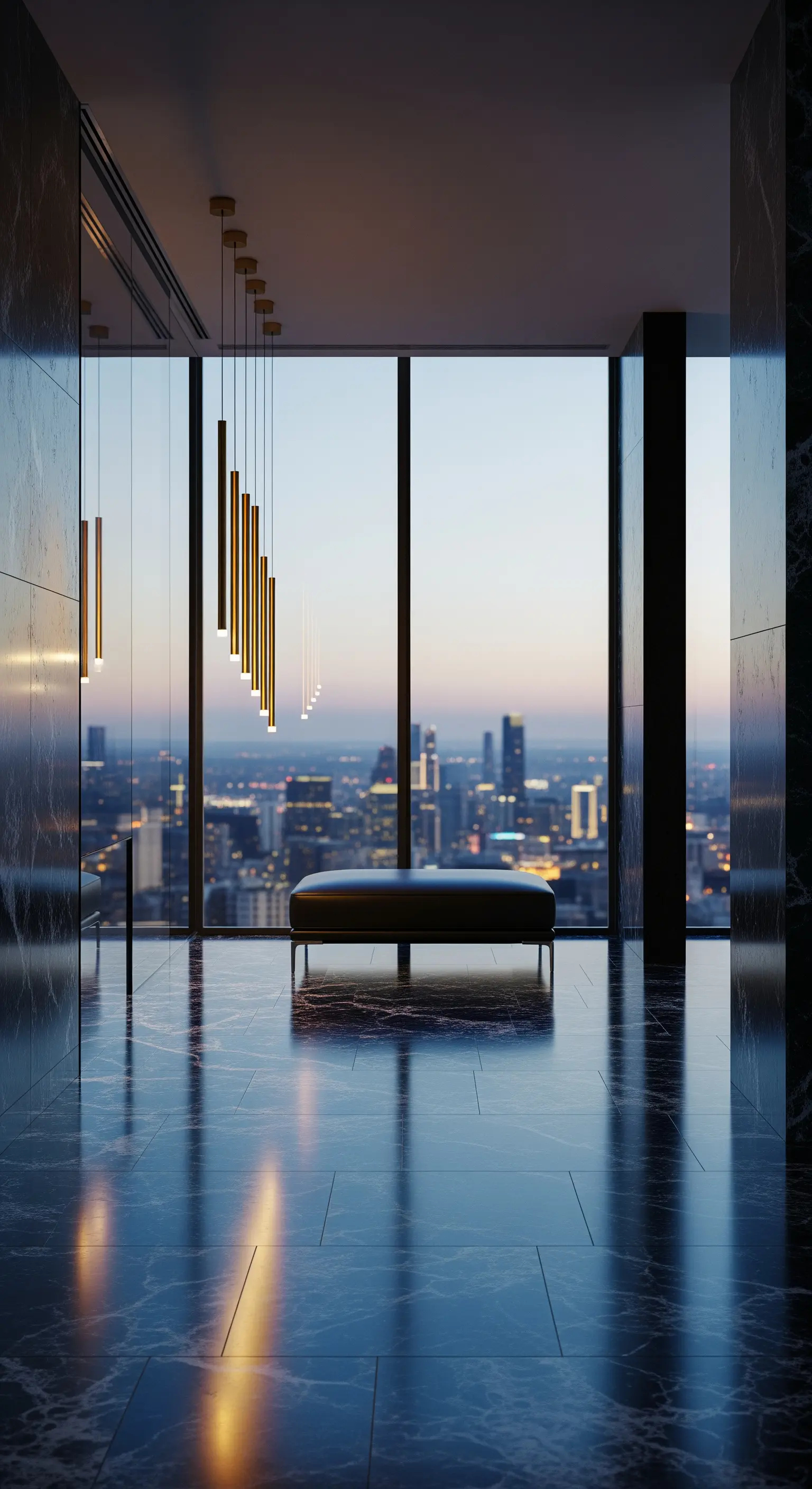 Spazio con vetrata sulla città, pavimento lucido in marmo blu e lampade lineari.