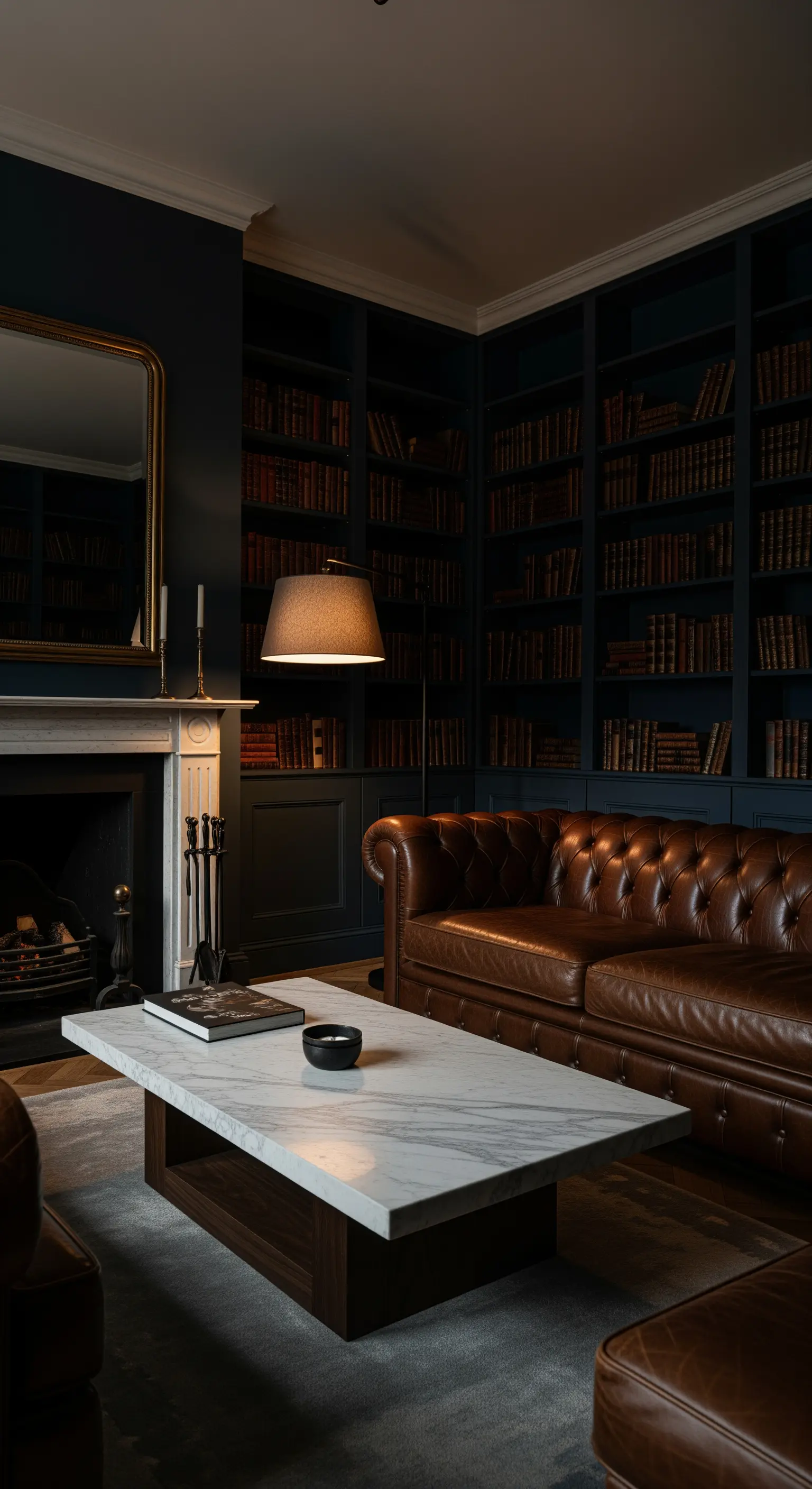 Biblioteca con pareti scure, divano Chesterfield in pelle e tavolino in marmo.