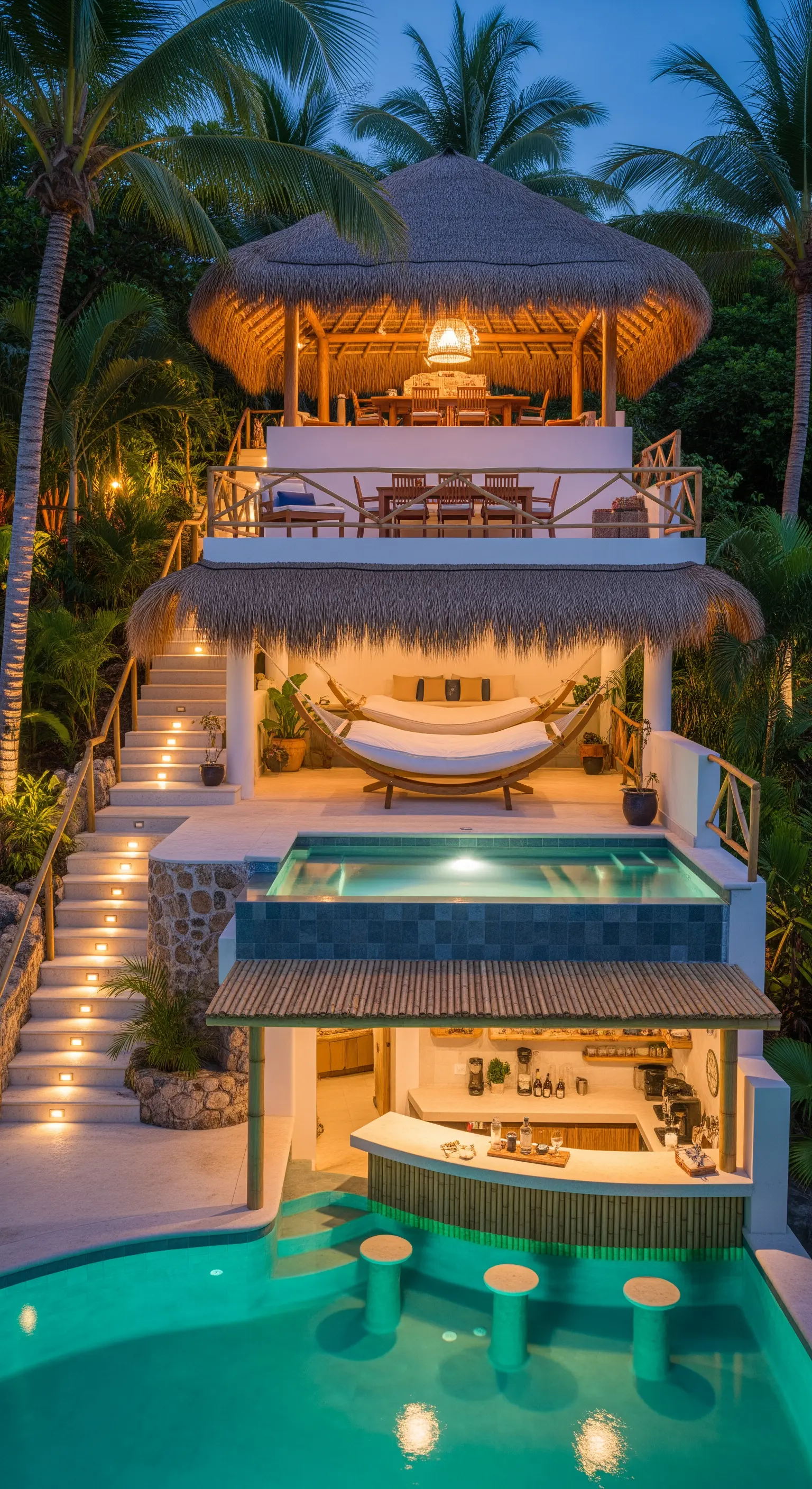 Struttura a tre livelli con piscina, bar, amaca e zona pranzo su una collina tropicale.