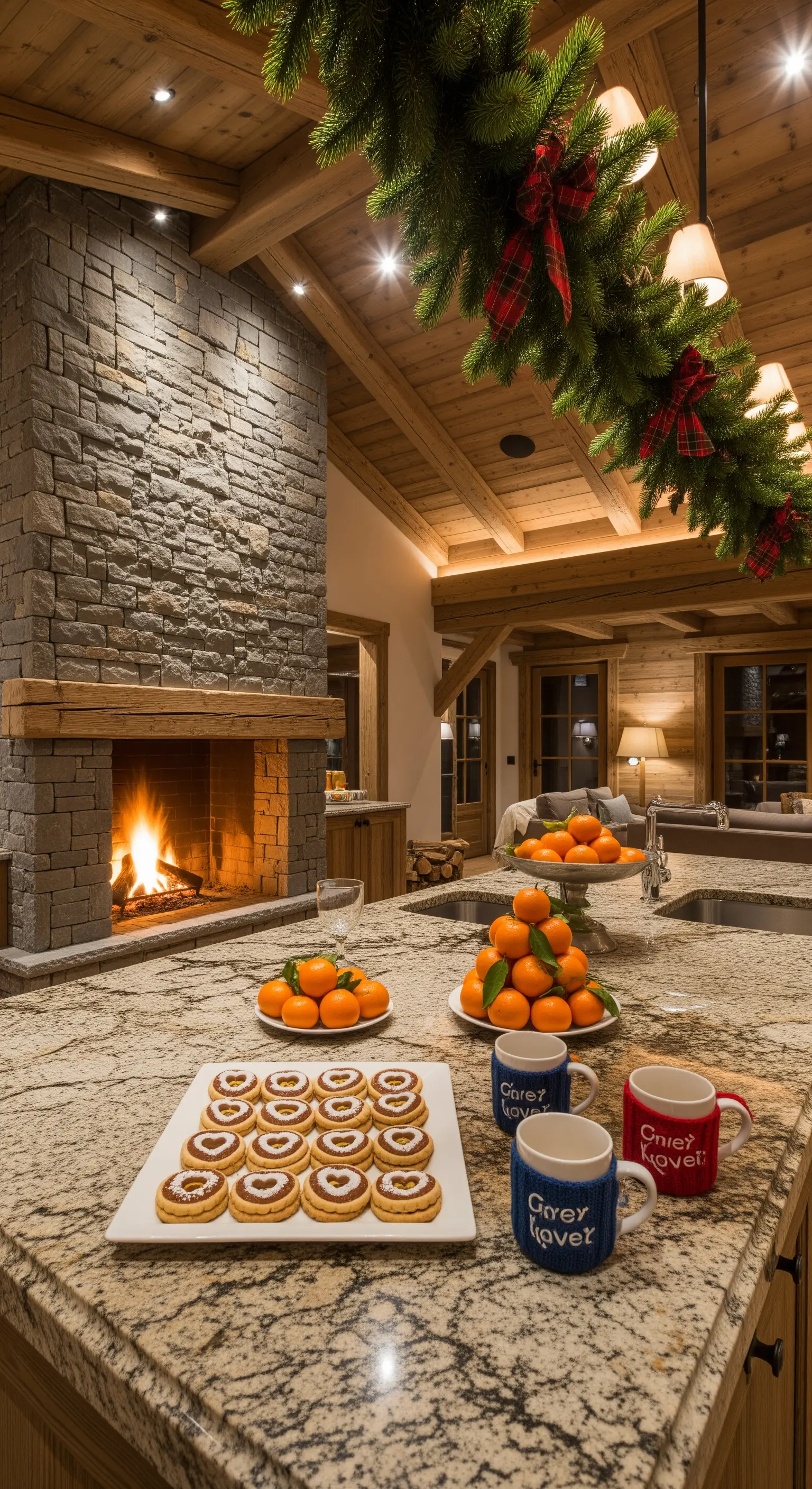 Cucina in stile chalet con camino in pietra, ghirlanda sospesa e isola in granito con agrumi e biscotti.