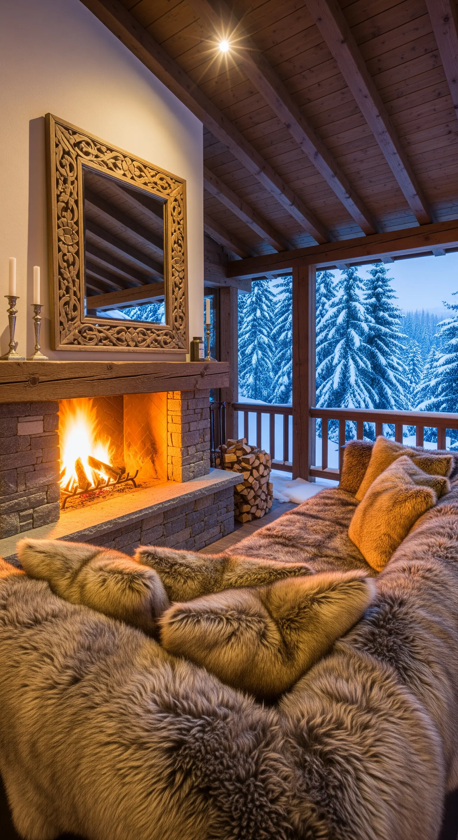 Portico di uno chalet con camino, divano coperto di pellicce e vista sulla neve.