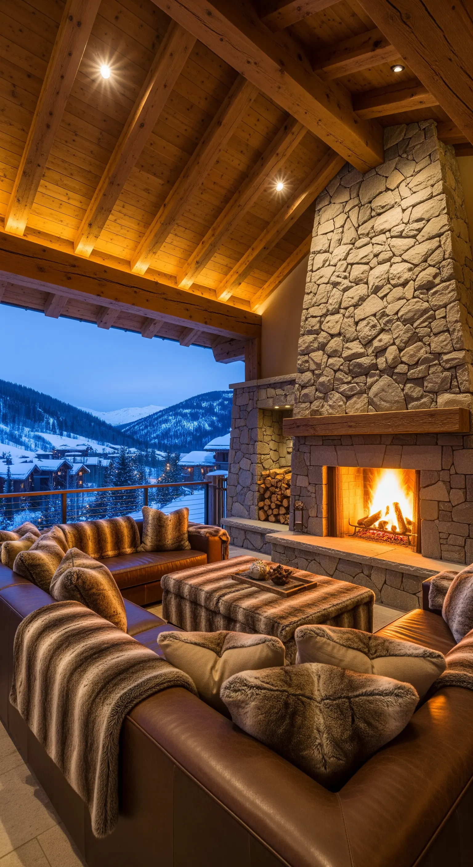 Terrazza coperta in stile chalet con camino in pietra, divani in pelle e coperte di pelliccia.