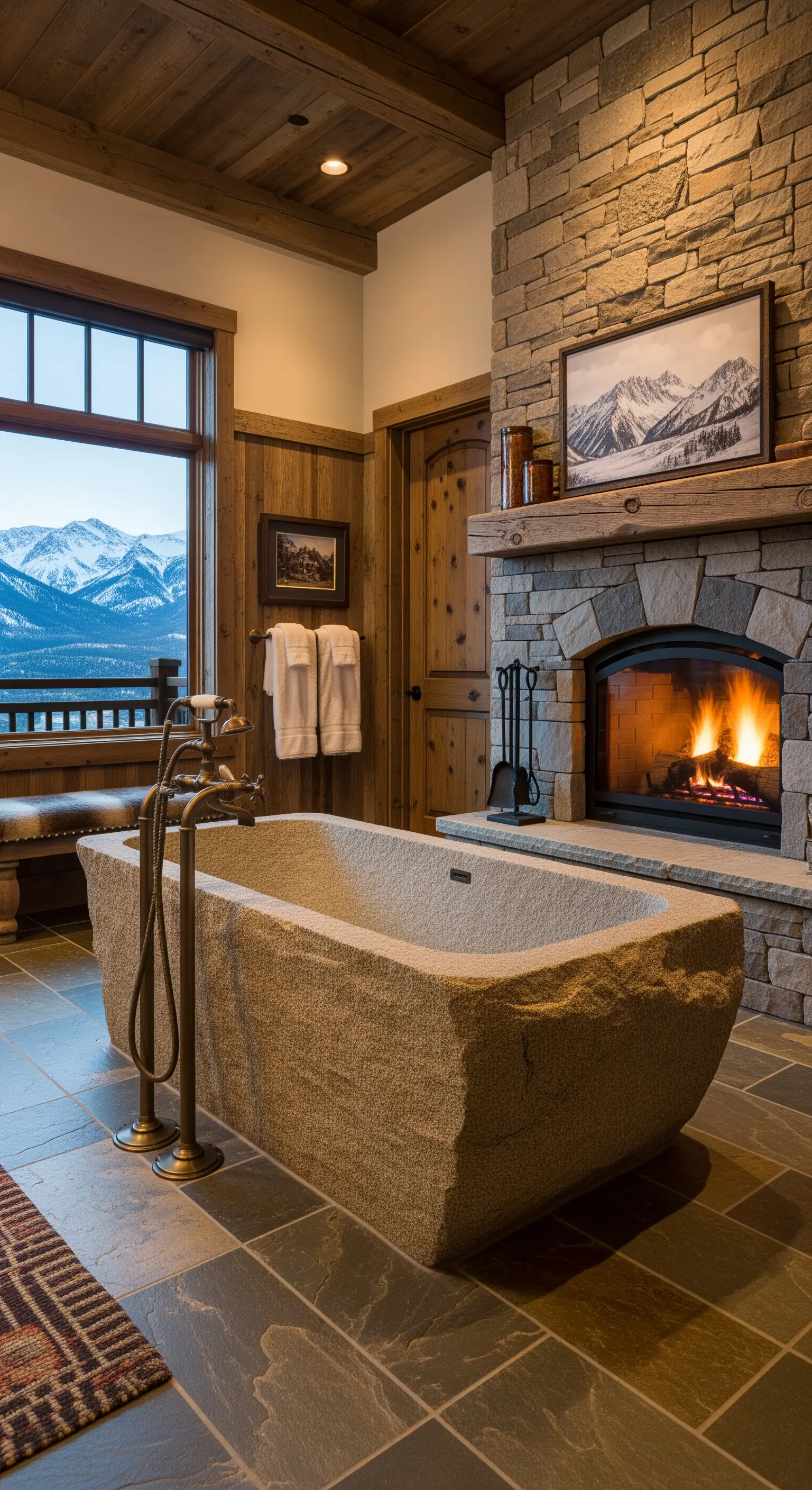 Vasca in granito accanto a un camino acceso in un bagno di montagna con pareti in legno.