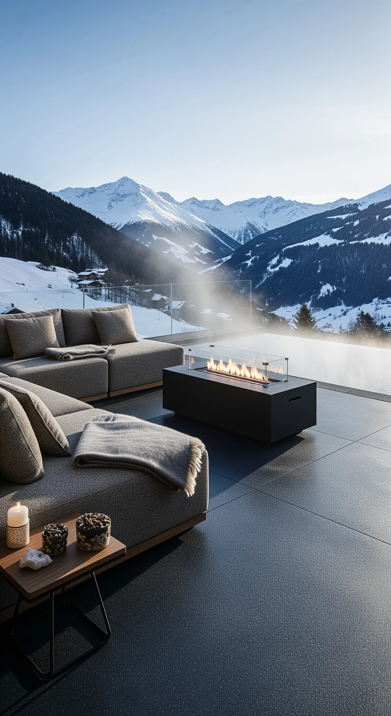 Terrazza in montagna con pavimento scuro, divano grigio, braciere e vista sulle Alpi innevate.