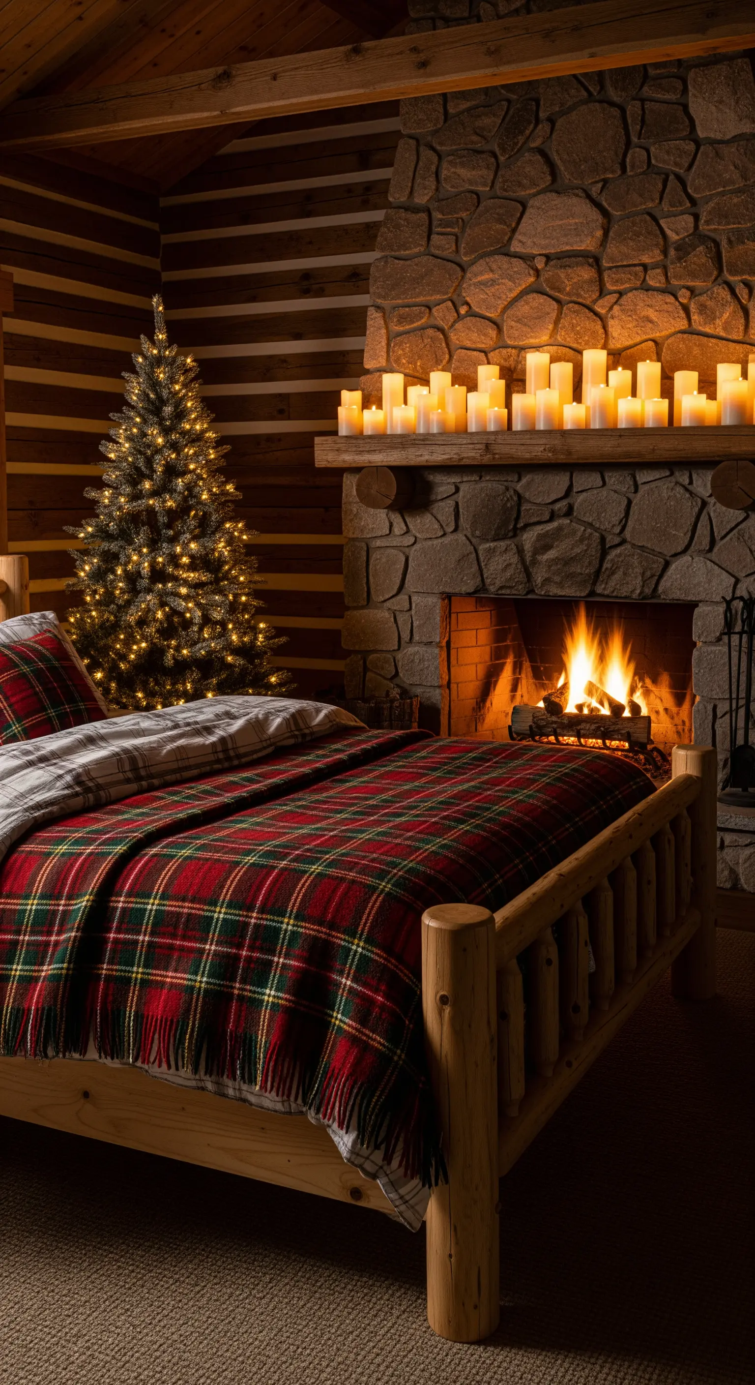 Camera da letto in stile chalet con camino in pietra, plaid tartan rosso e un piccolo albero di Natale.