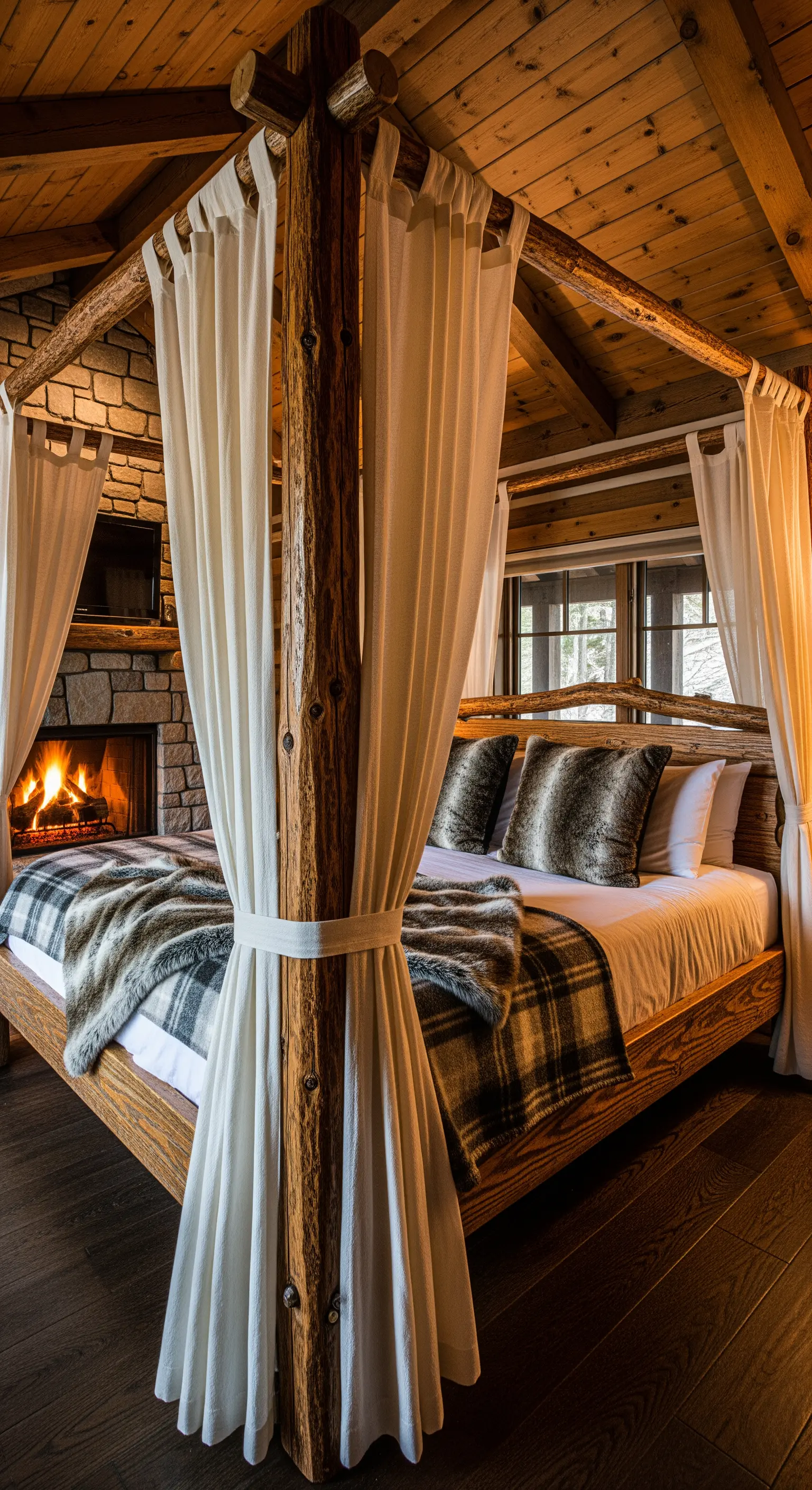 Letto a baldacchino in tronchi di legno con tende bianche di fronte a un camino acceso.