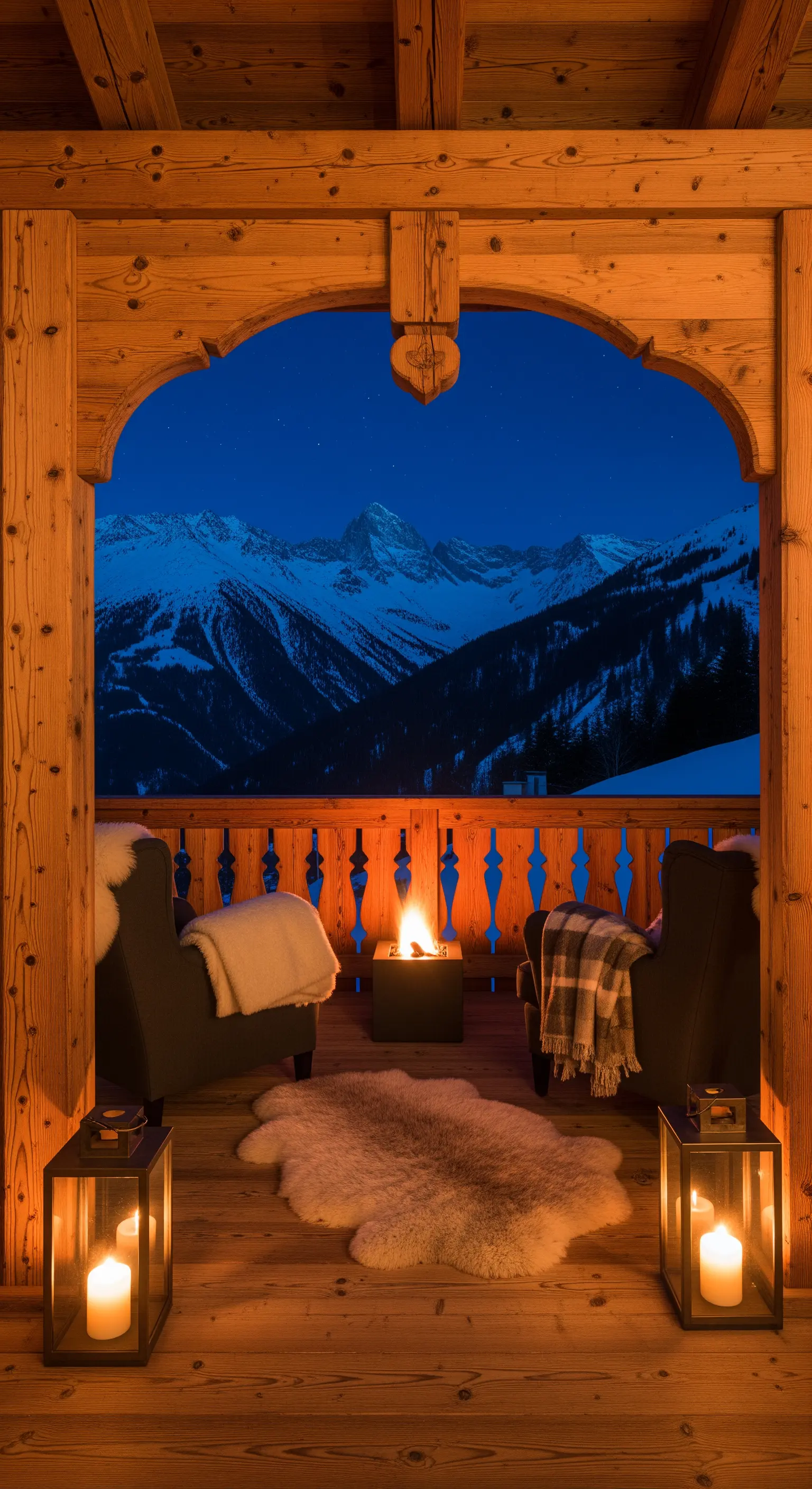 Balcone di uno chalet in legno con vista sulle montagne, poltrone e un piccolo braciere.