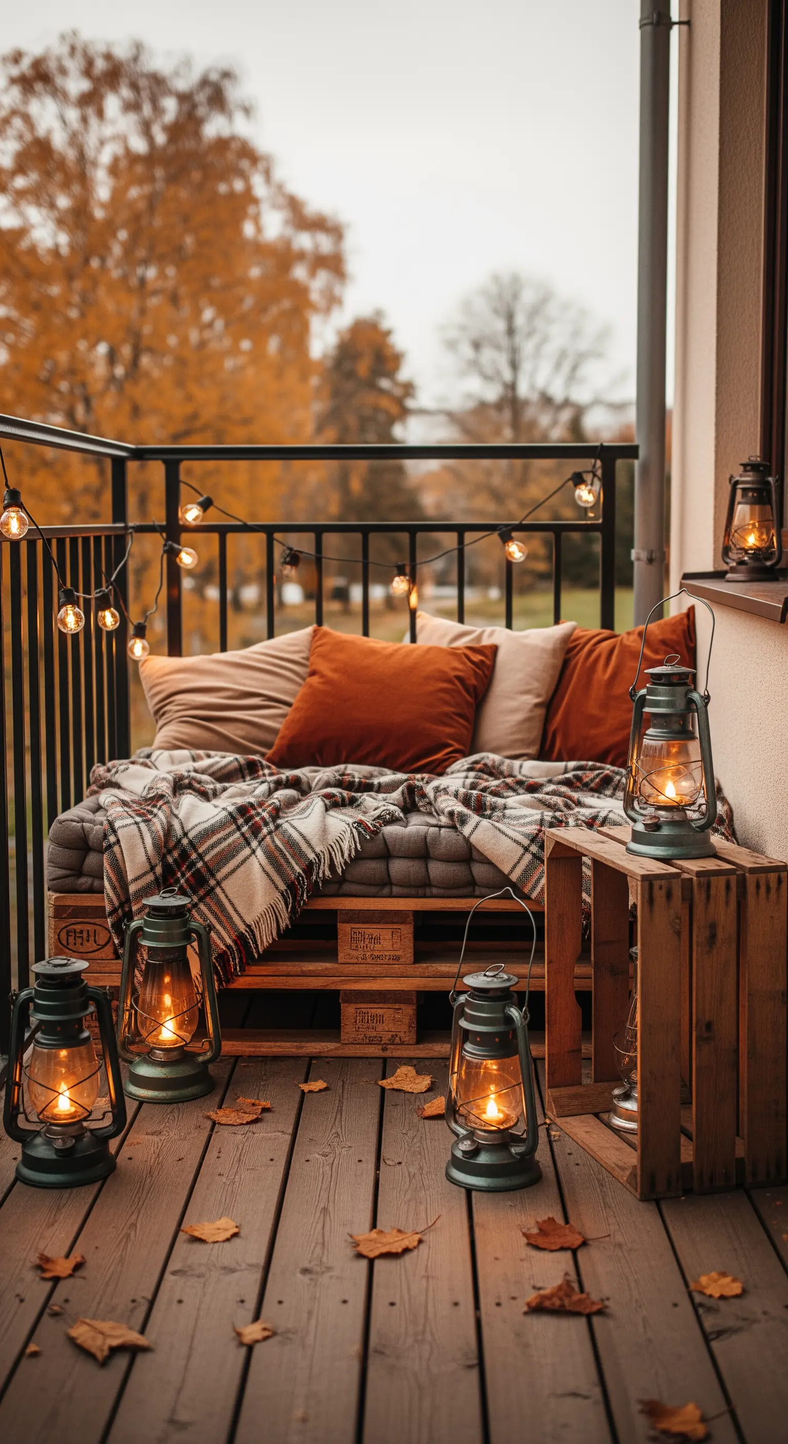 Balcone autunnale con divano in pallet, cuscini color terracotta e lanterne a olio.