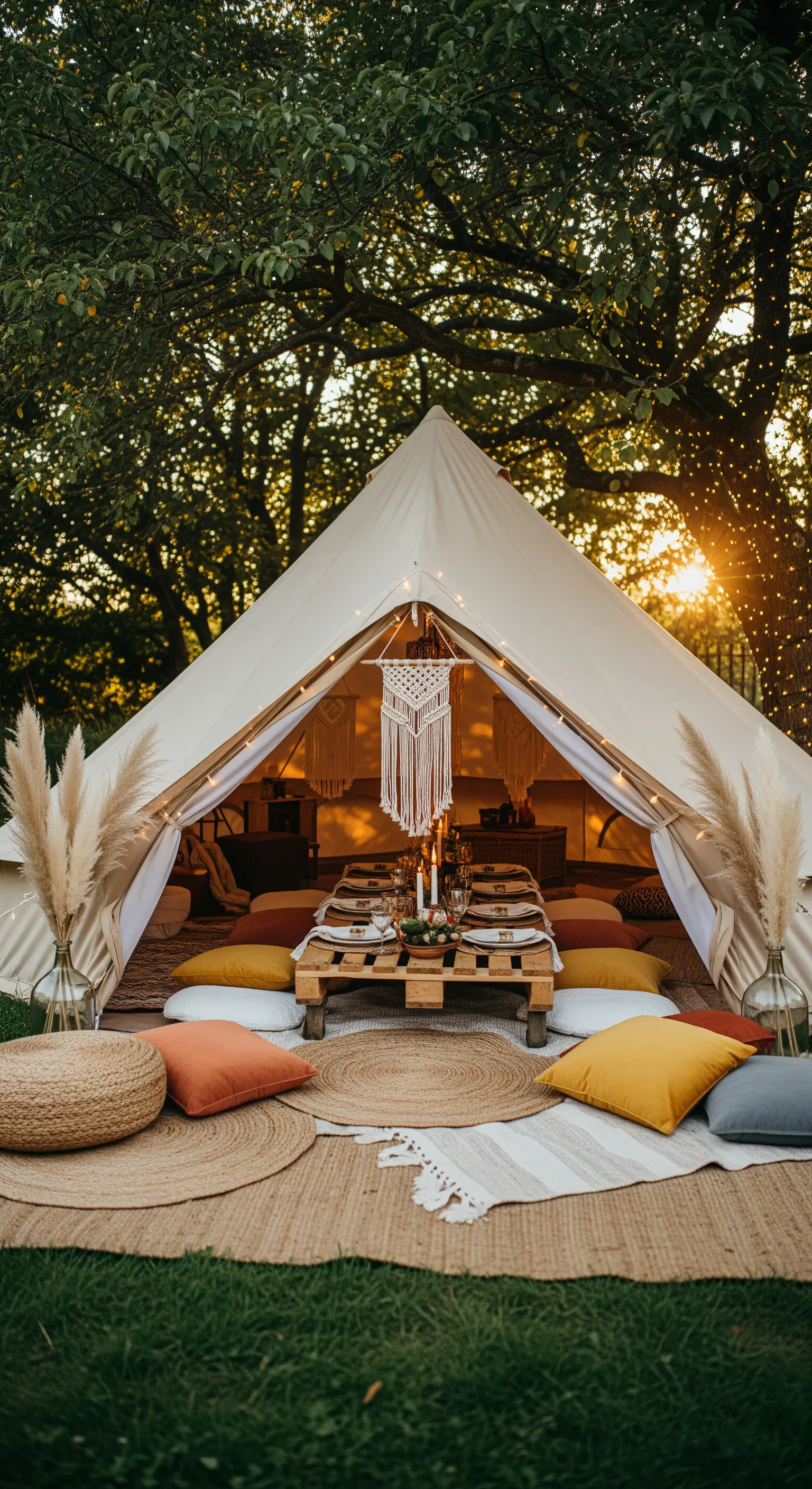 Tenda da glamping boho-chic con cuscini colorati, tavolo basso in pallet e luci calde al tramonto.