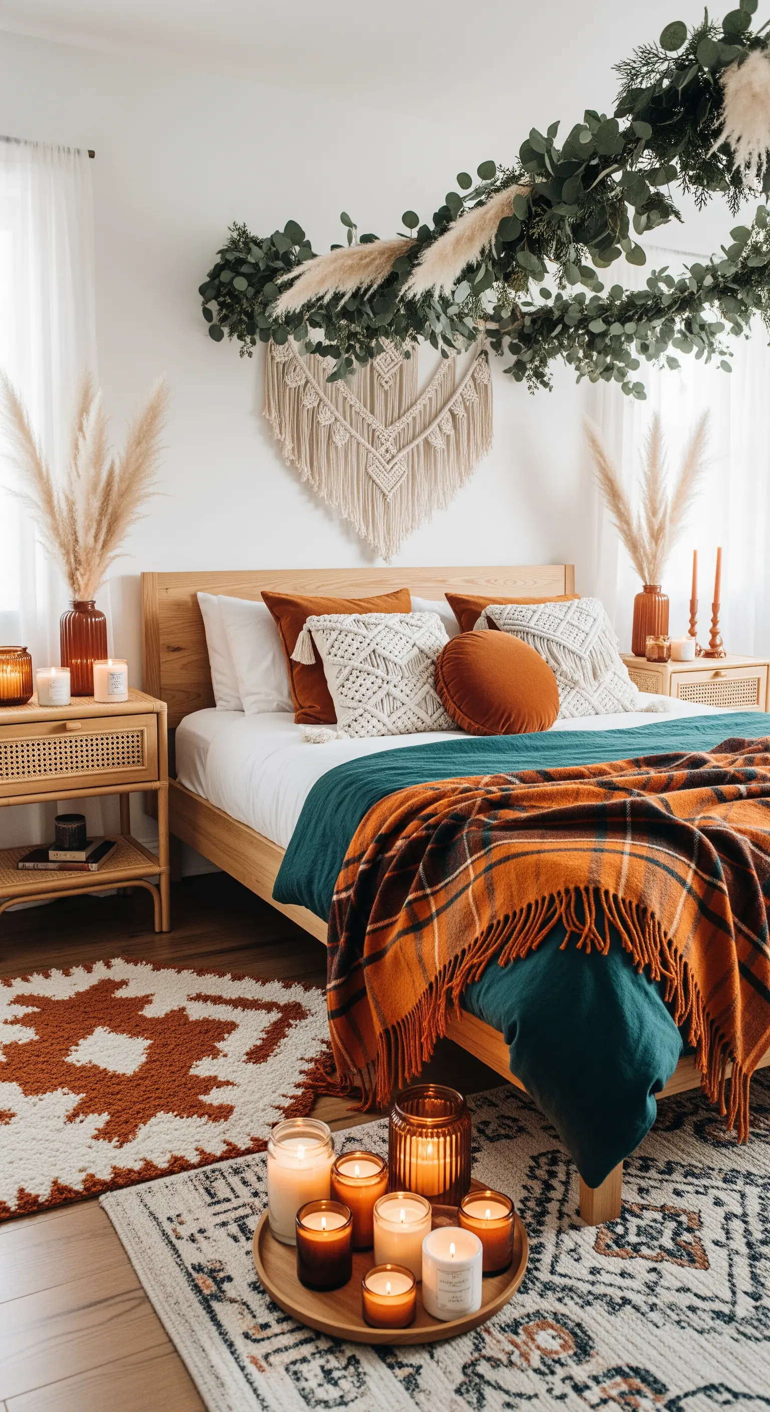 Camera da letto boho con pampas, macramè, plaid arancione e un vassoio di candele a terra.