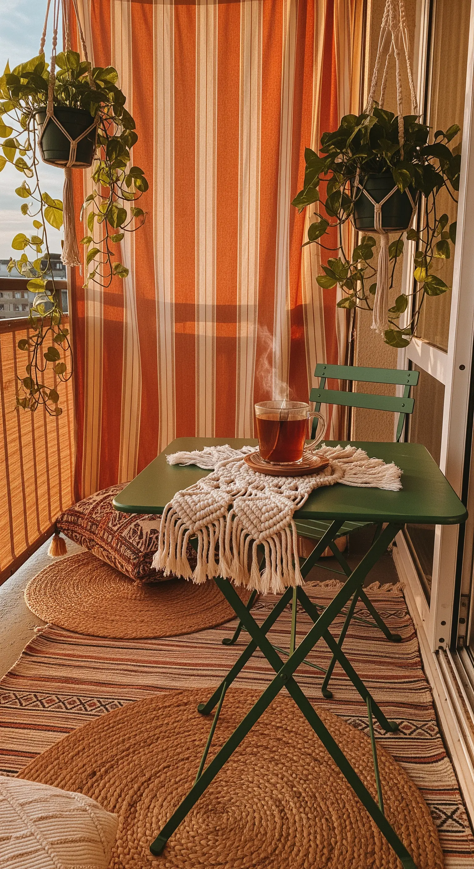 Angolo balcone in stile bohémien con tenda a righe, tavolo verde e piante sospese.