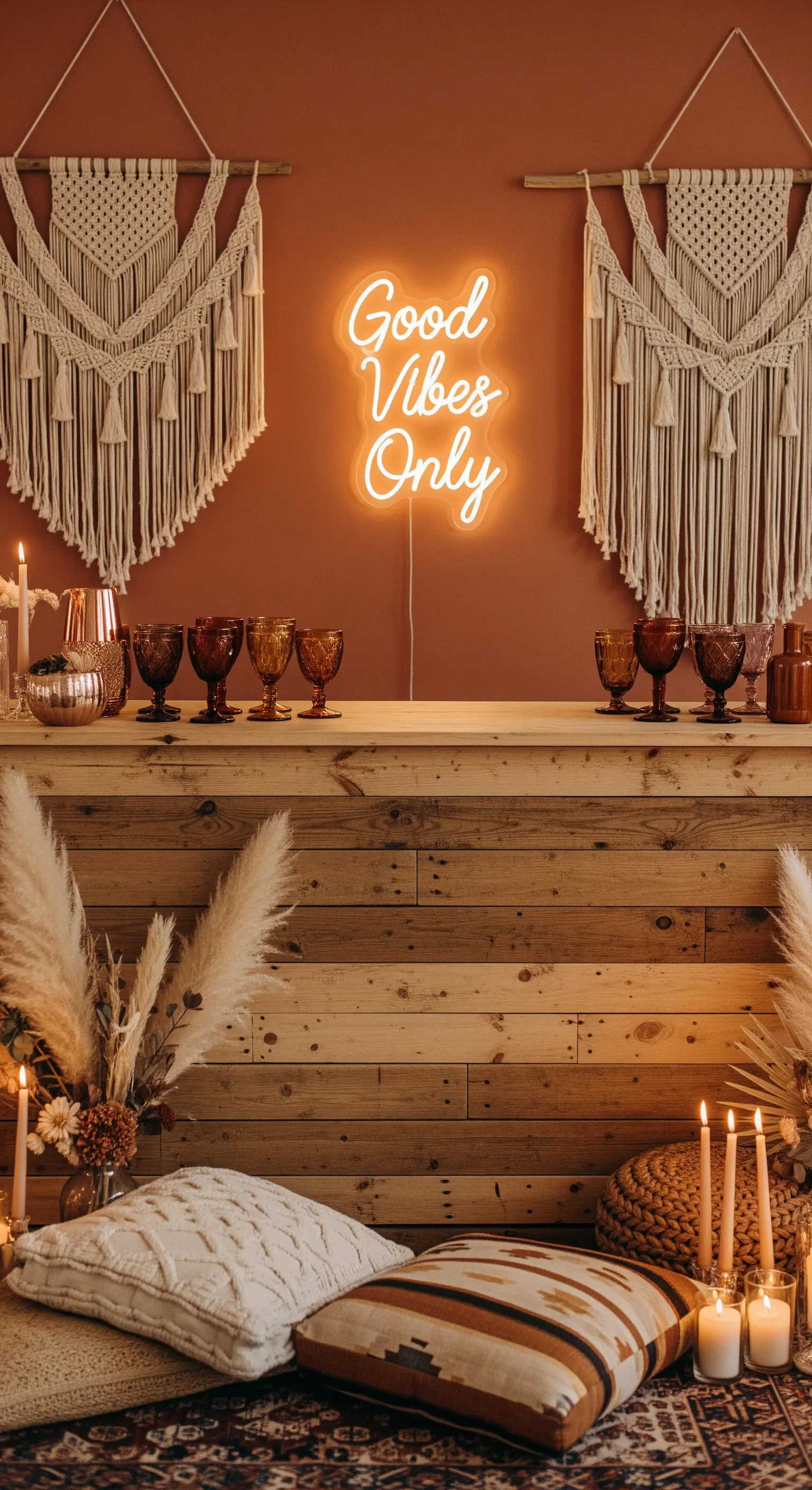 Angolo bar in stile bohémien con insegna al neon, macramè, pampas e bicchieri ambrati.