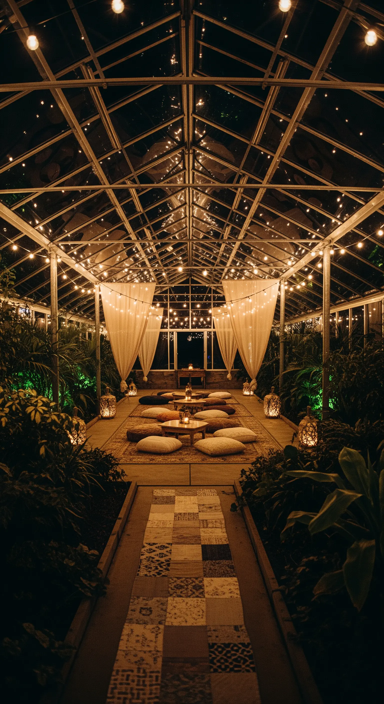 Serra illuminata da lucine, allestita con cuscini a terra e un lungo tappeto patchwork.