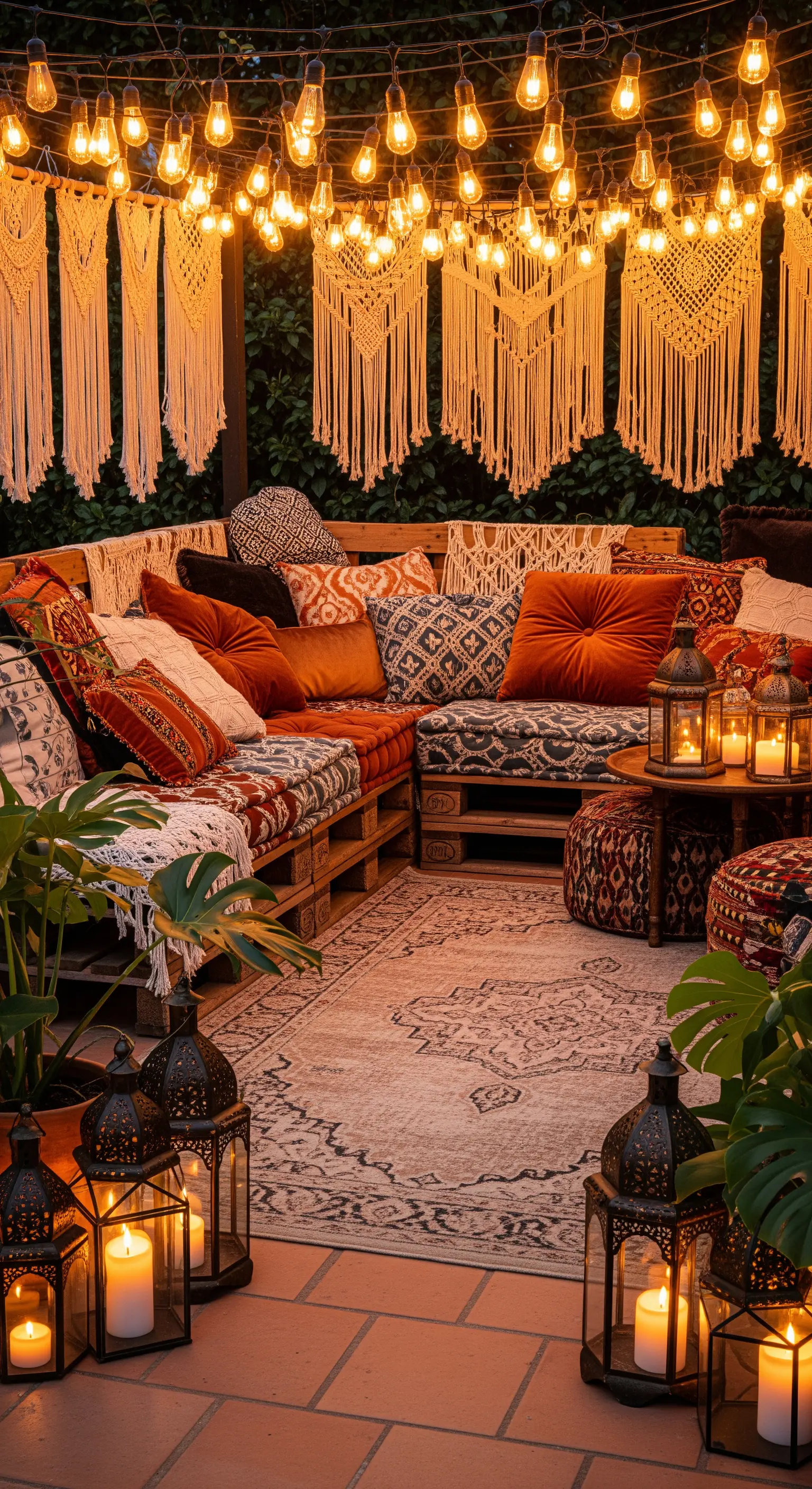 Patio in stile bohemien con divani in pallet, cuscini colorati, tappeti e luci calde.