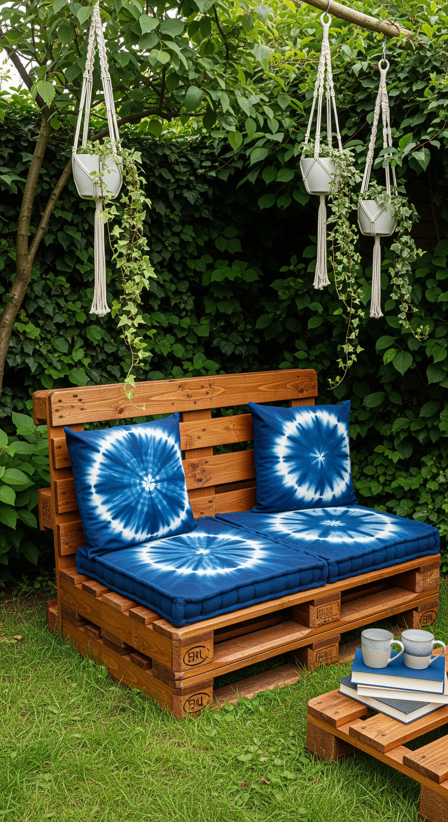 Panchina in pallet con cuscini tie-dye blu e piante di edera sospese in macramè