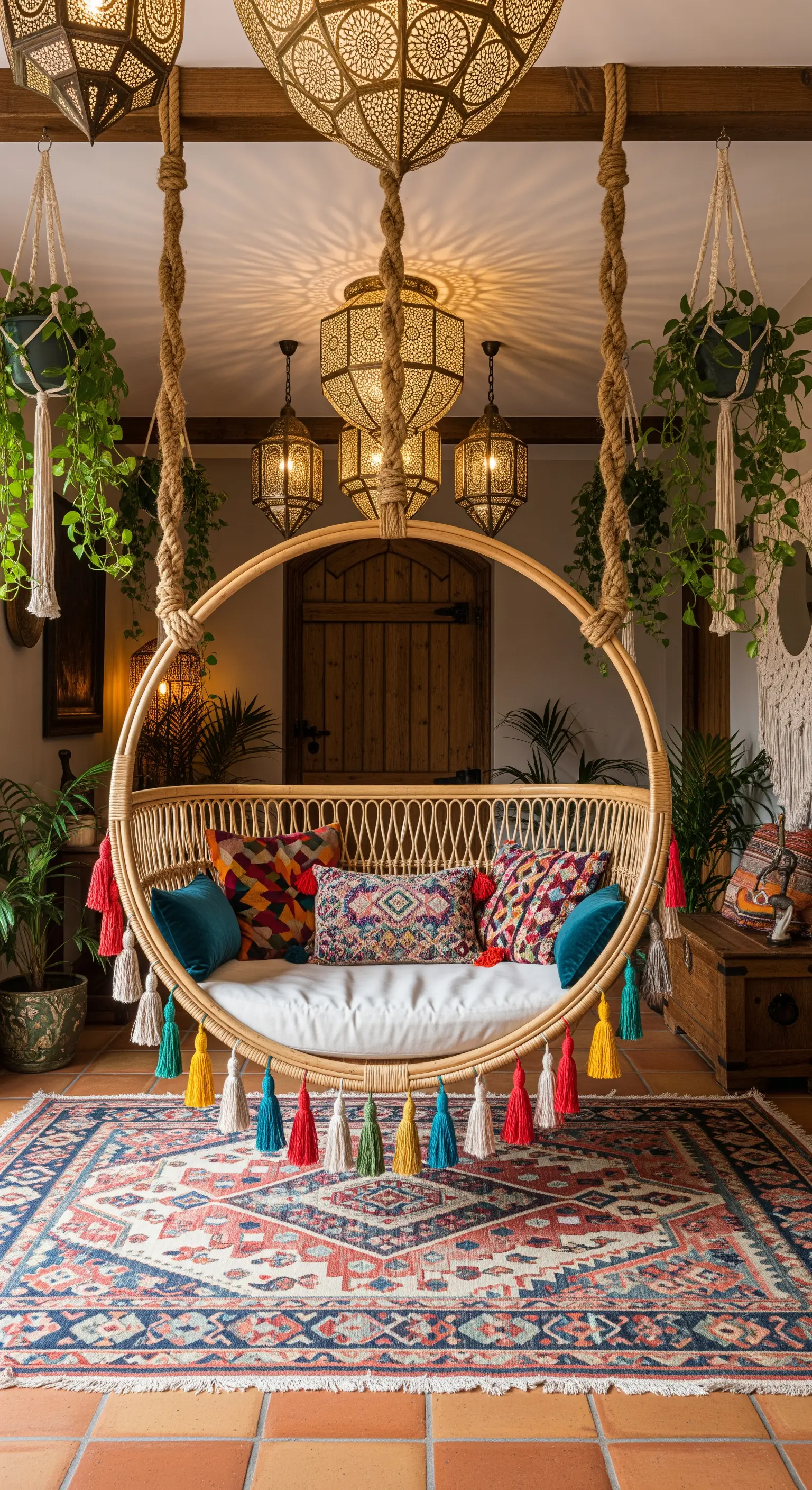 Poltrona sospesa circolare in rattan con cuscini e nappe colorate in un ingresso boho.