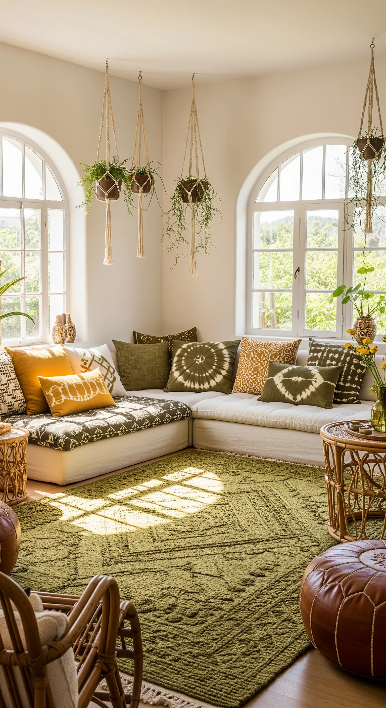 Soggiorno bohémien con divano basso, cuscini tie-dye e un grande tappeto verde oliva.