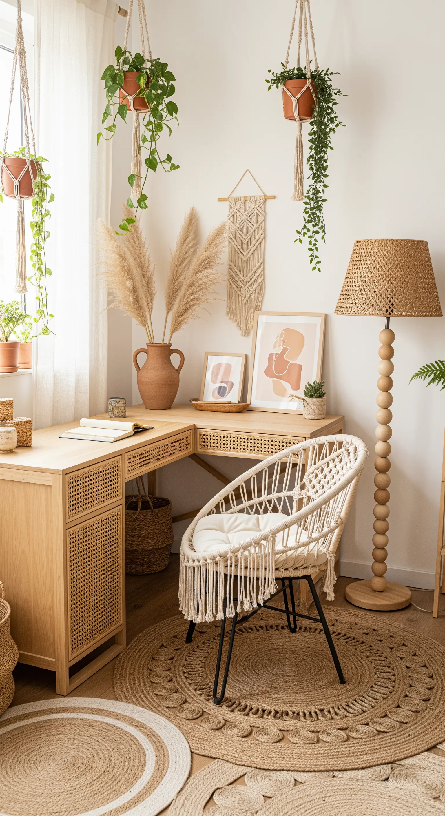 Scrivania in legno e rattan con sedia in macramè e lampada da terra in paglia.