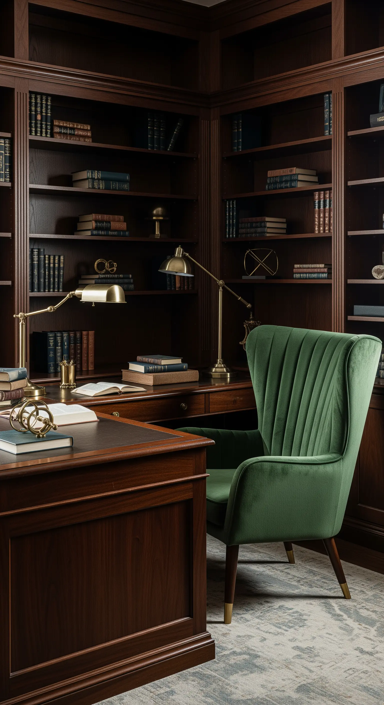 Studio classico con libreria in legno scuro e poltrona in velluto verde.