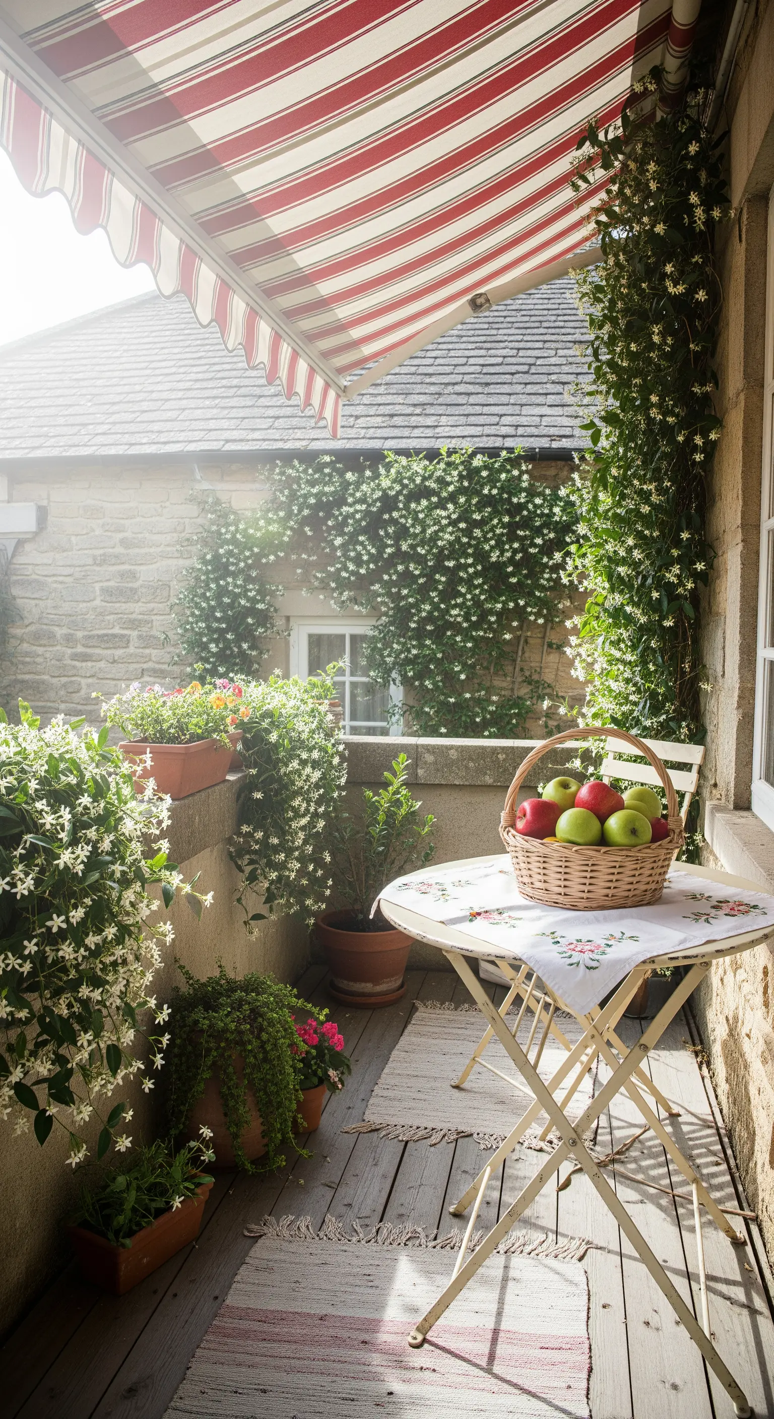 Balcone di un cottage con tenda a righe, gelsomino rampicante e un cesto di mele.