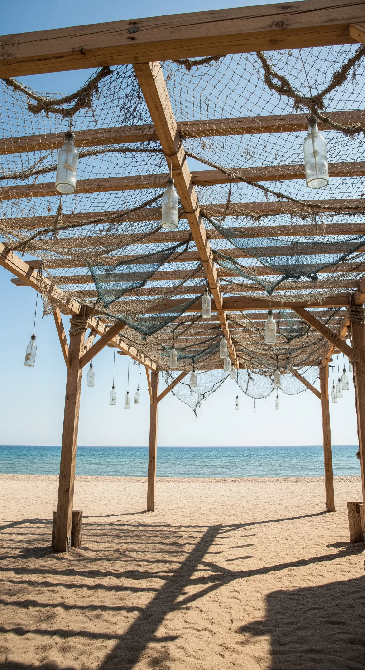 Pergolato da spiaggia con reti da pesca e lampade fatte con bottiglie.