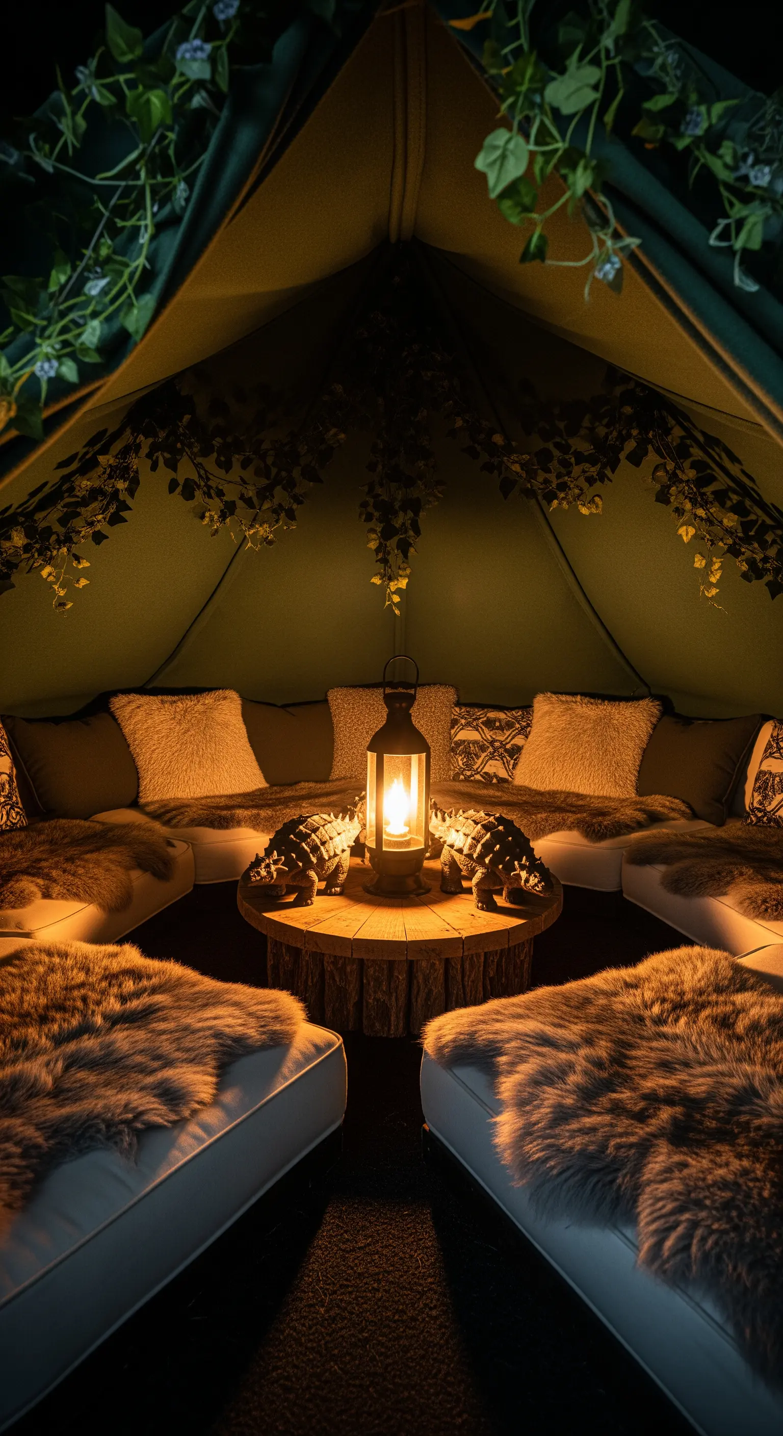 Tenda accogliente illuminata da una lanterna, con cuscini e pellicce sintetiche.