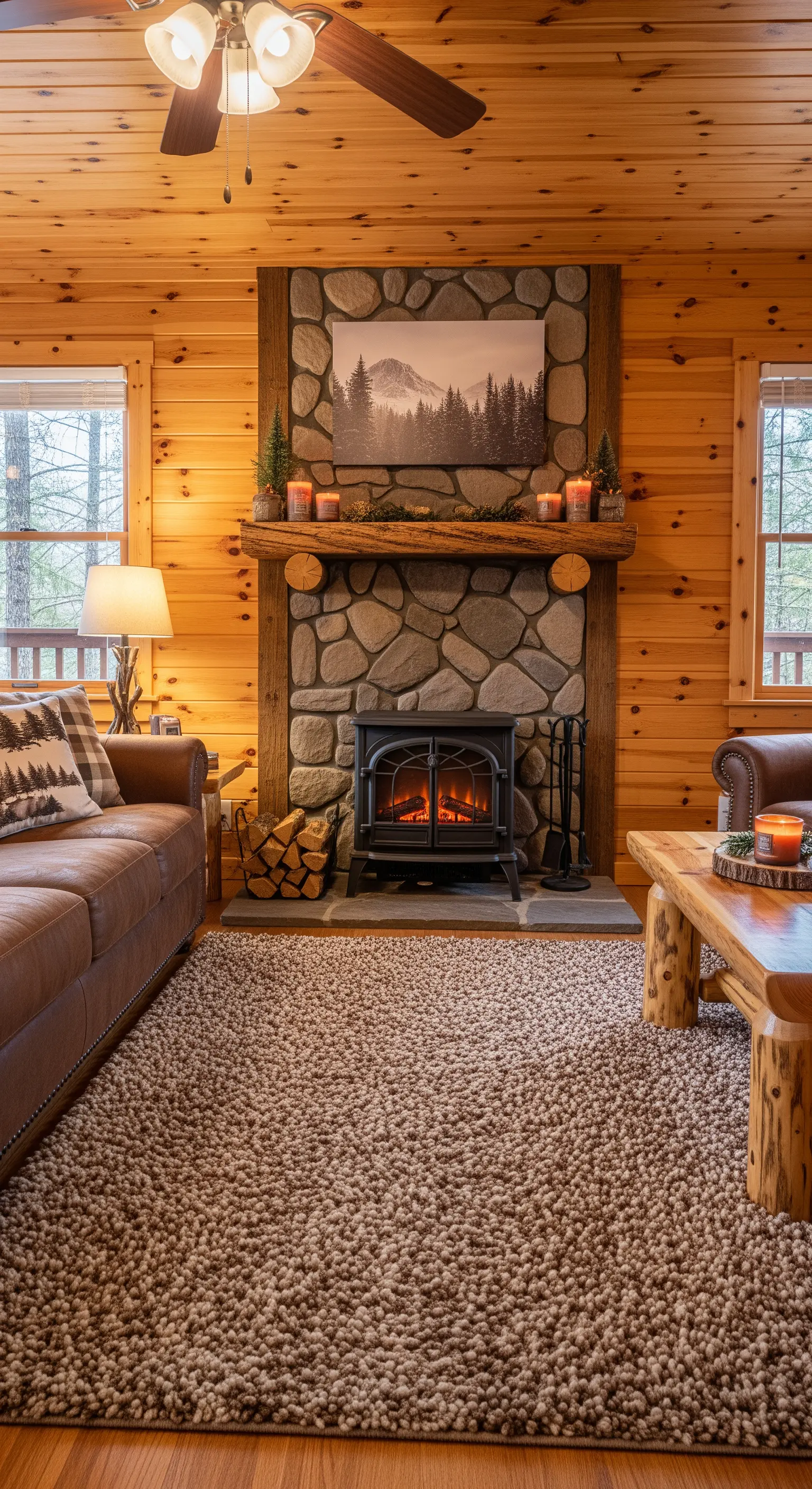 Soggiorno rustico con pareti in legno, camino in pietra e divano in pelle.