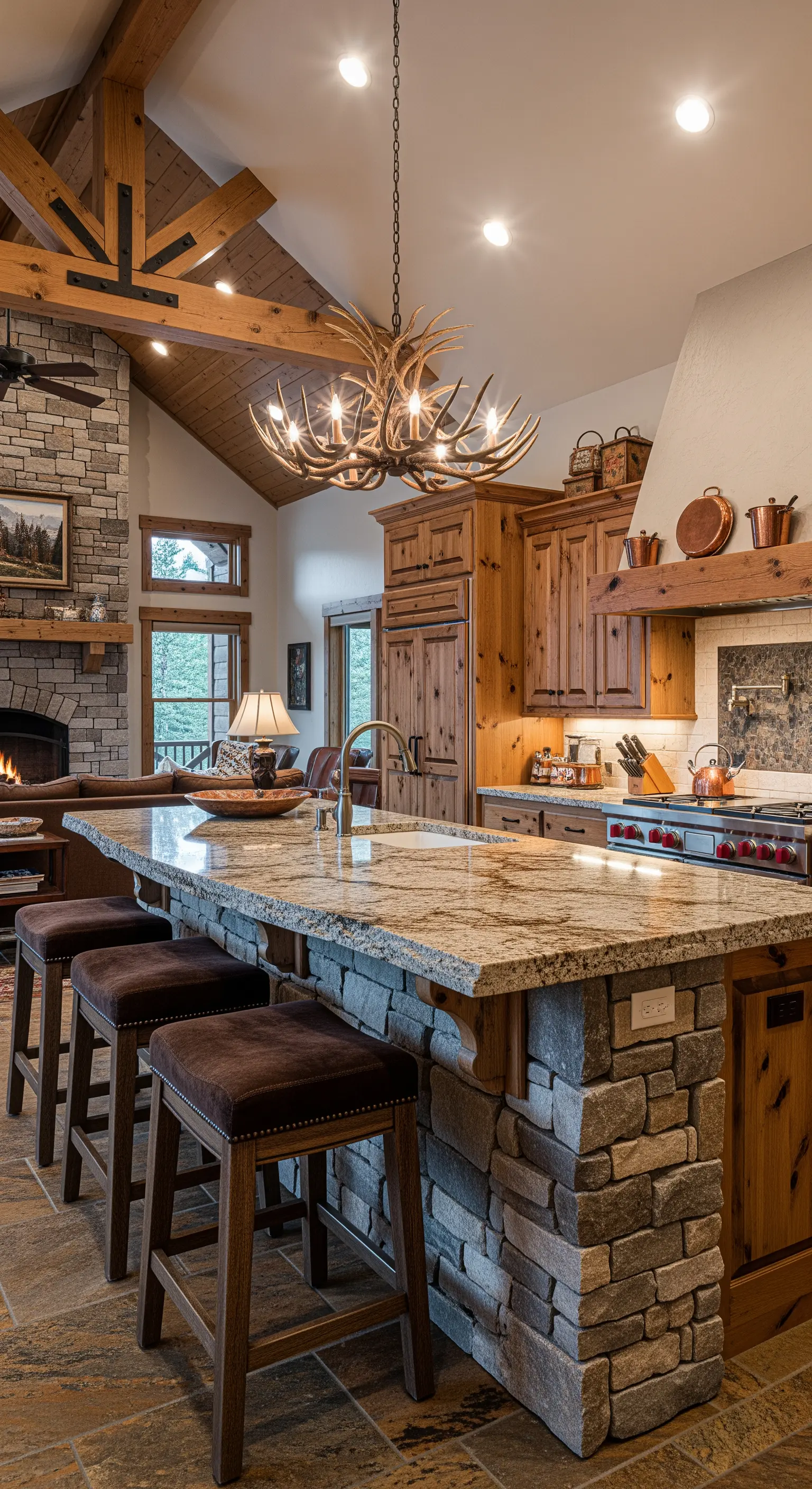 Cucina in stile baita con penisola rivestita in pietra, mobili in legno e sgabelli marroni