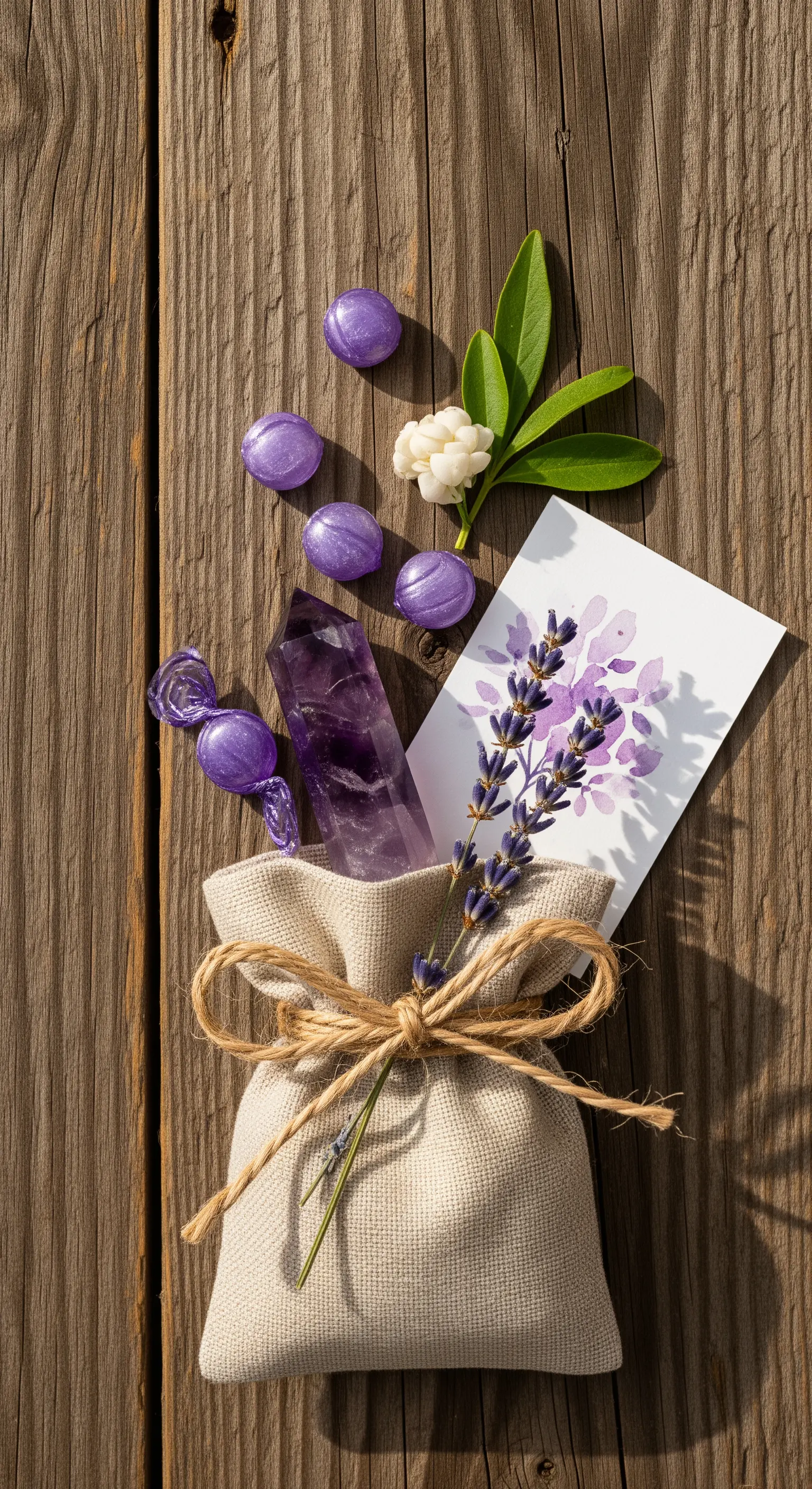 Sacchettino sorpresa in juta con lavanda, ametista e caramelle viola su fondo di legno.