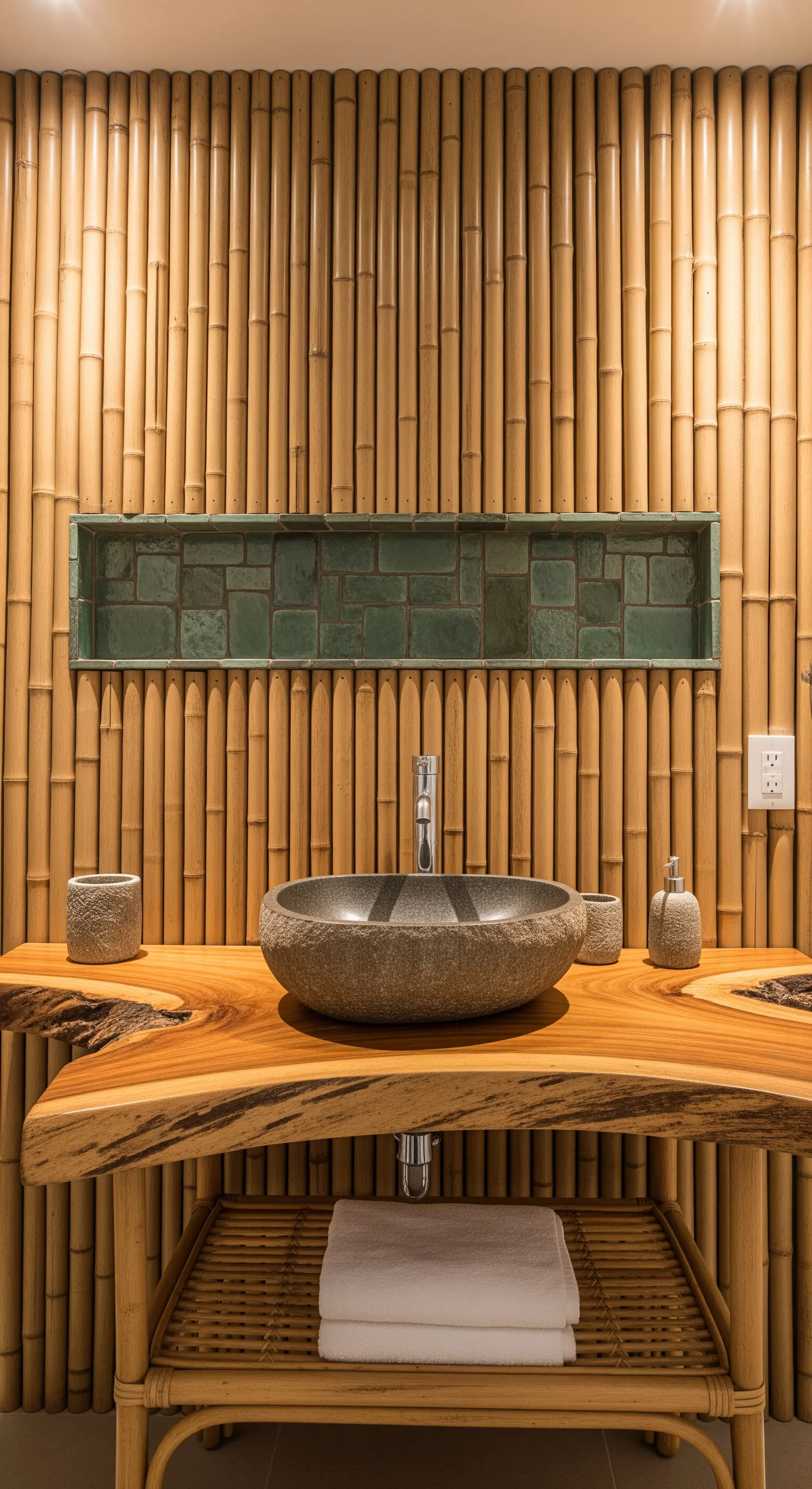 Parete rivestita in bambù con lavabo in pietra di fiume e top in legno.