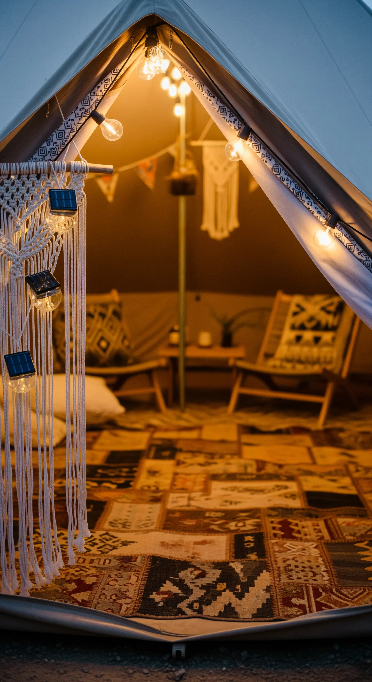 Interno di una tenda glamping con pavimento di tappeti patchwork e luci a energia solare.