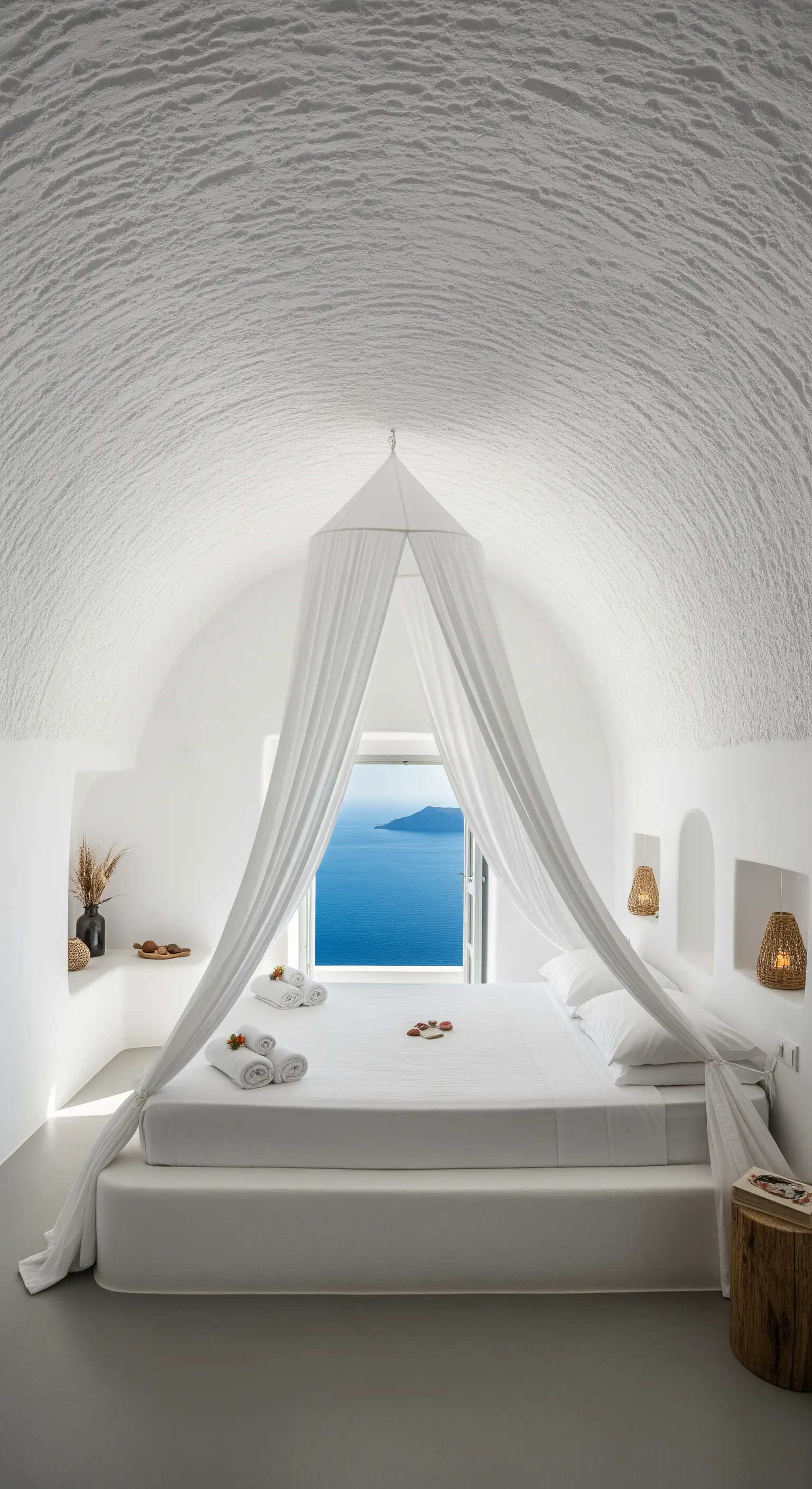 Camera da letto bianca in stile Santorini con un baldacchino sospeso sul letto.