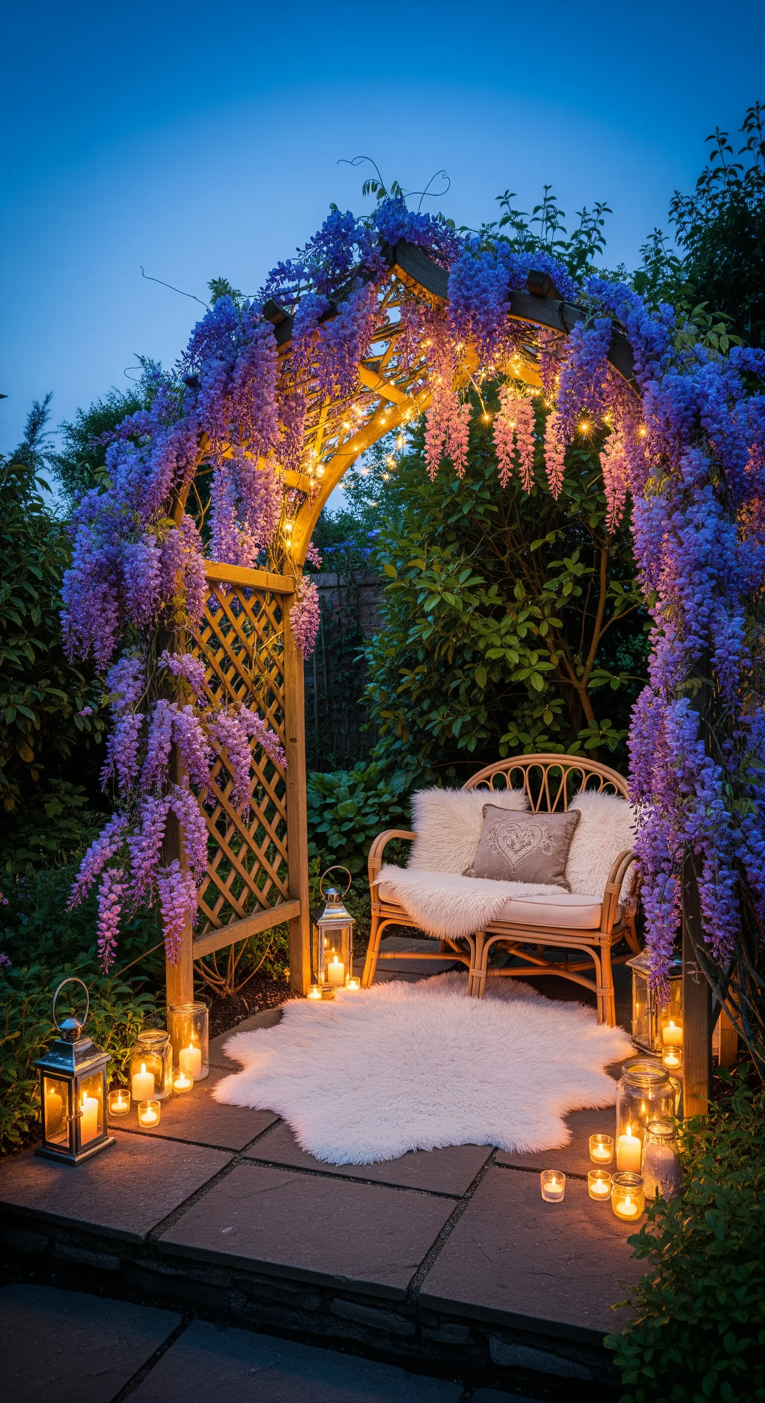 Angolo giardino con arco di glicine illuminato, panca in rattan e tappeto di pelliccia bianca.