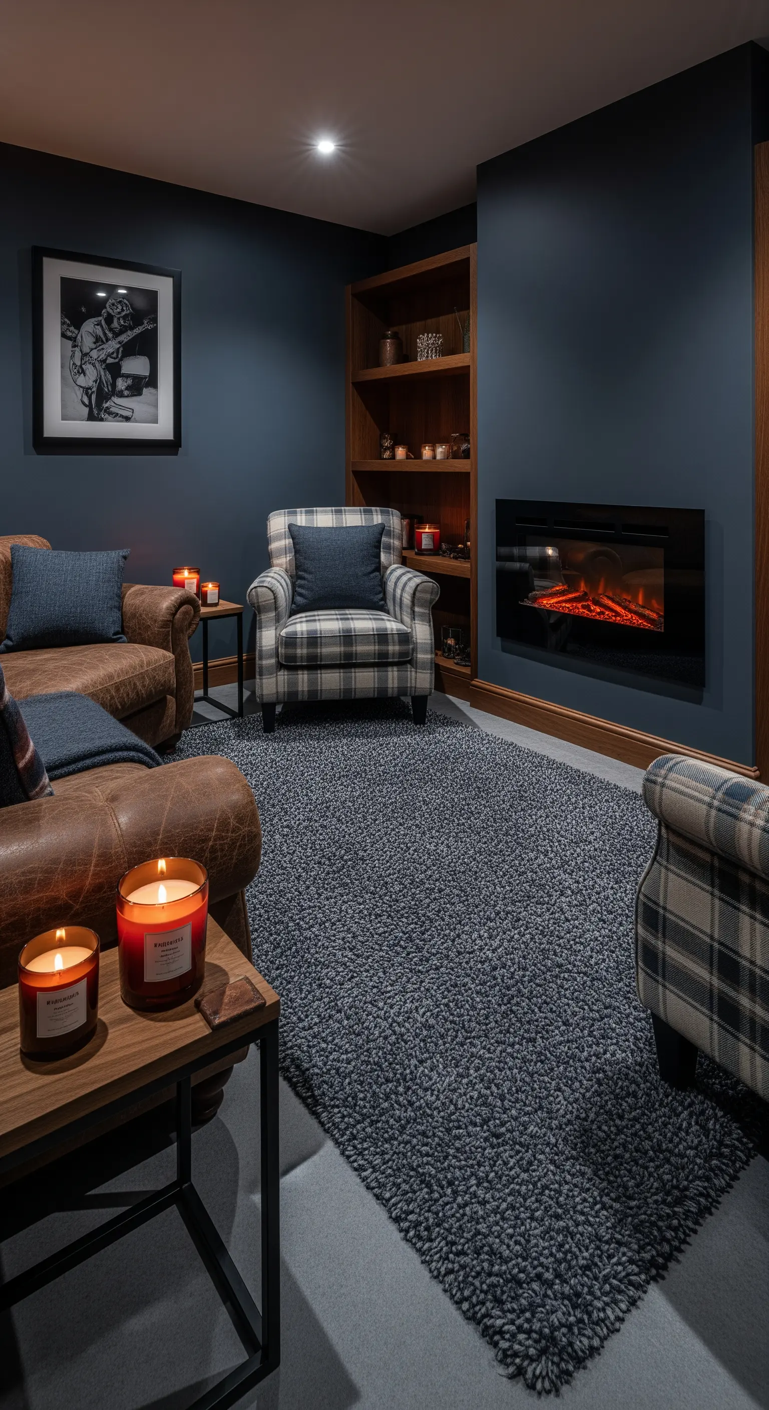 Salotto intimo con pareti scure, arredi in pelle e poltrona scozzese.