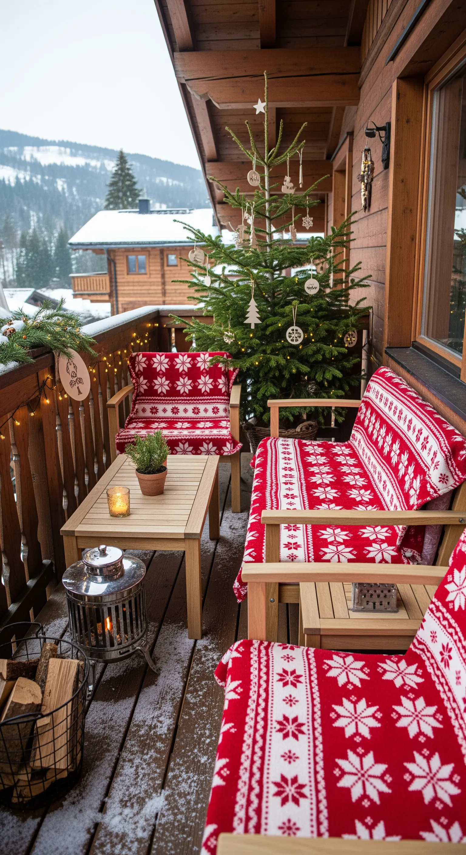 Balcone in legno addobbato per Natale con cuscini a tema, un piccolo abete e una stufa.