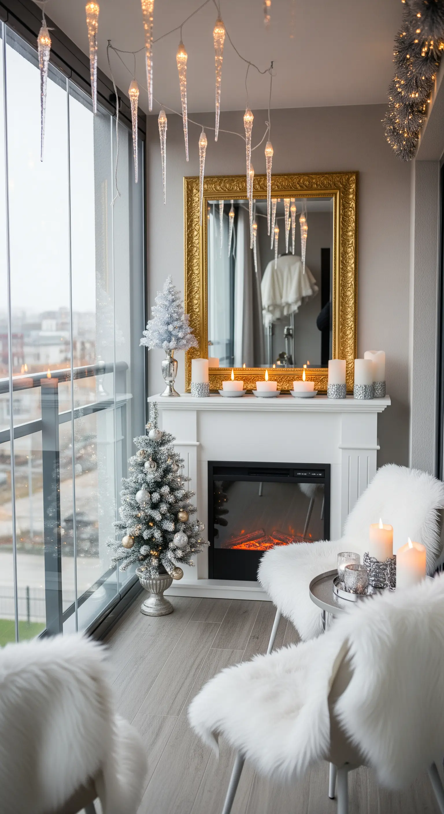 Balcone invernale con camino elettrico, specchio dorato, poltroncine bianche e luci a ghiacciolo
