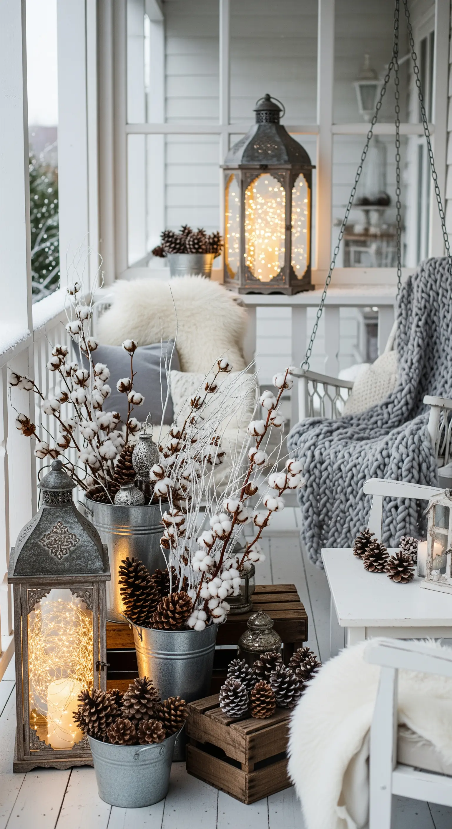 Veranda invernale con dondolo, coperte in maglia, pigne e lanterne con luci a LED.