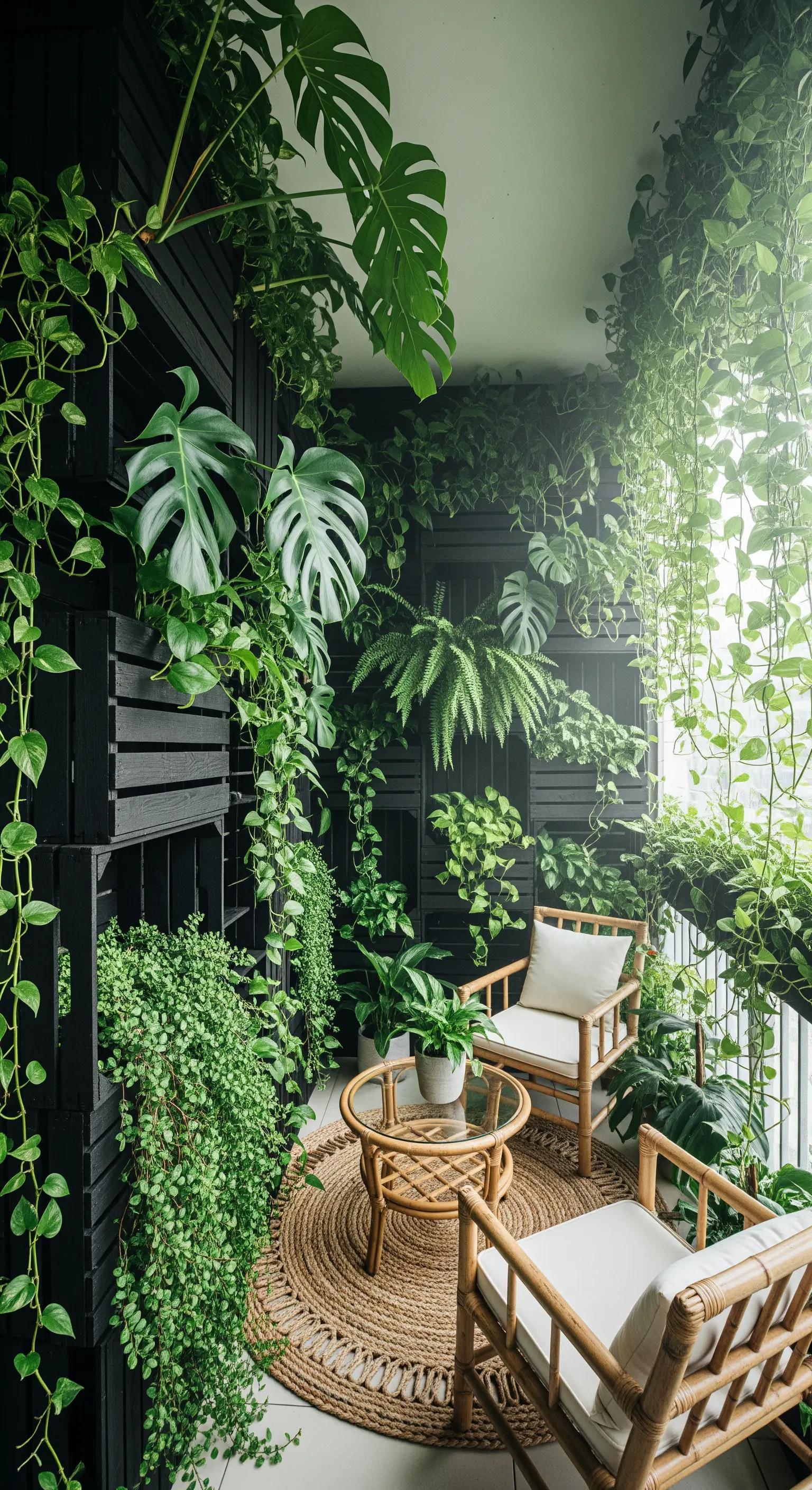 Balcone trasformato in una giungla urbana con cassette nere e una moltitudine di piante verdi.