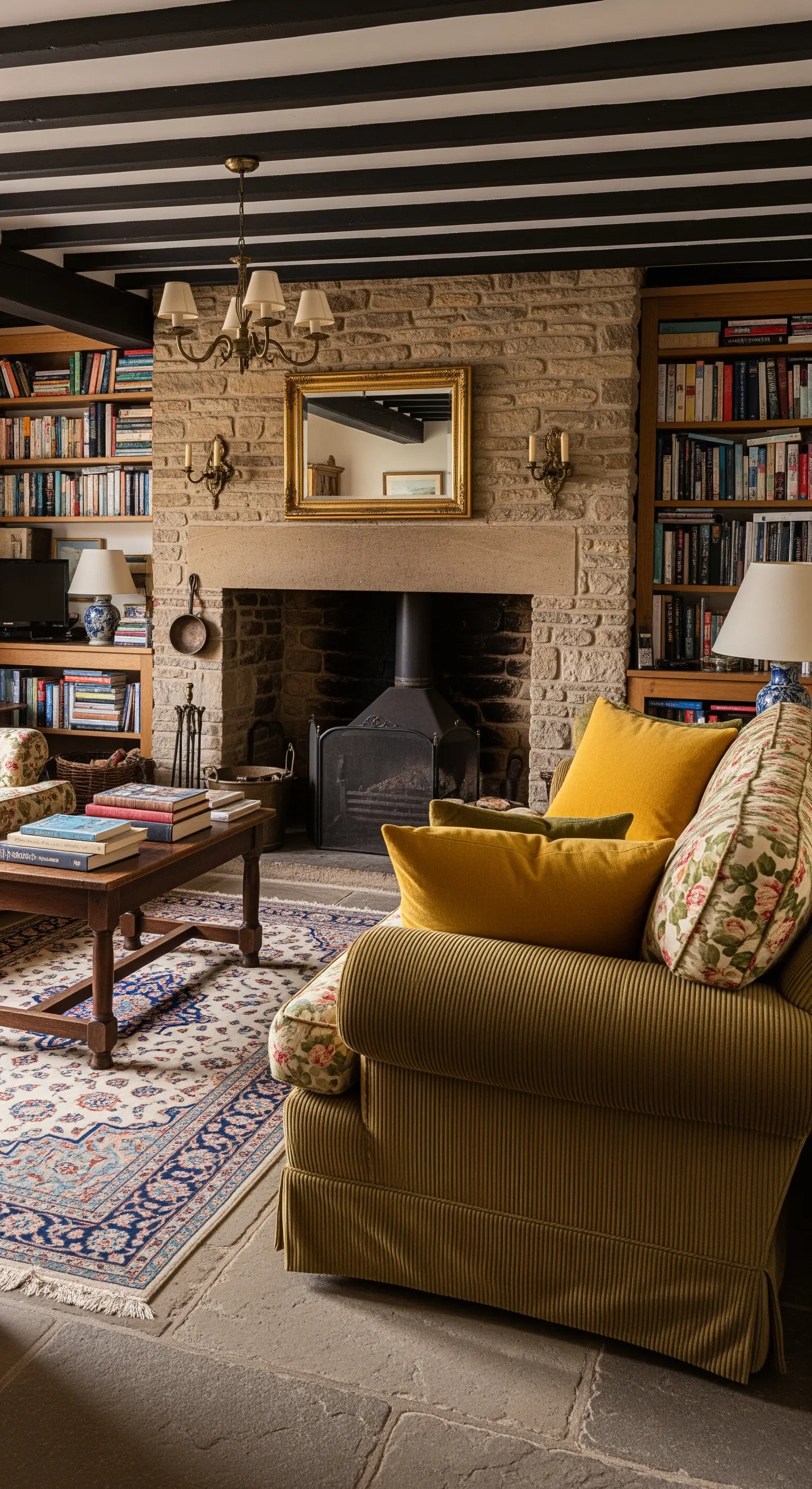 Divano in velluto a coste verde oliva davanti a un camino in pietra e a librerie.
