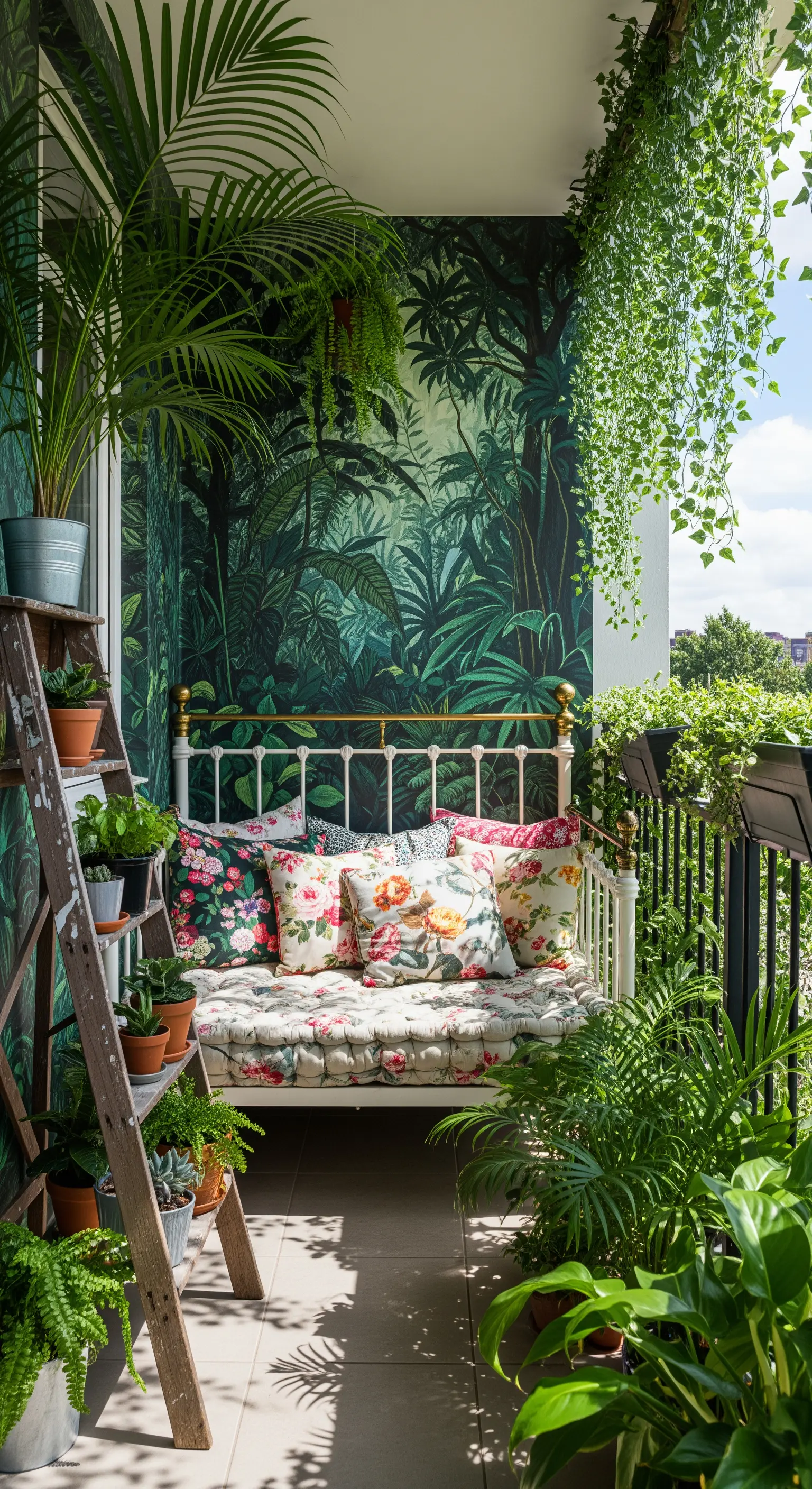 Balcone con murale a tema giungla, un lettino vintage in ferro e abbondanti piante vere.