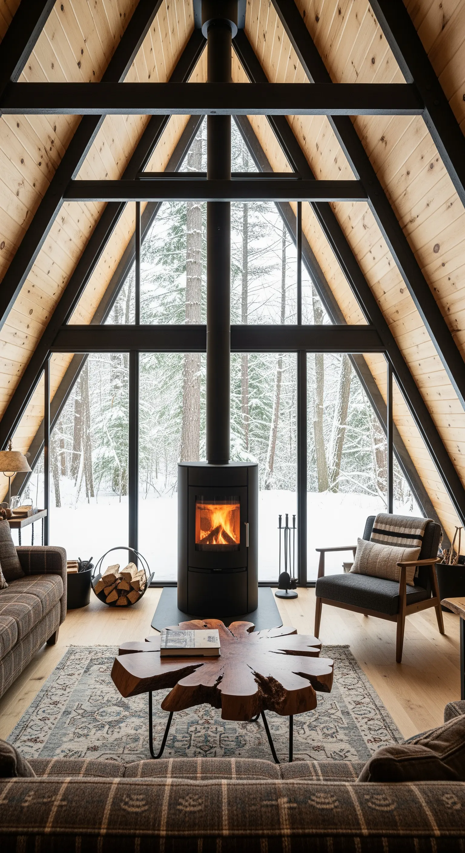 Interno di una baita A-frame con stufa a legna nera e grande vetrata triangolare.